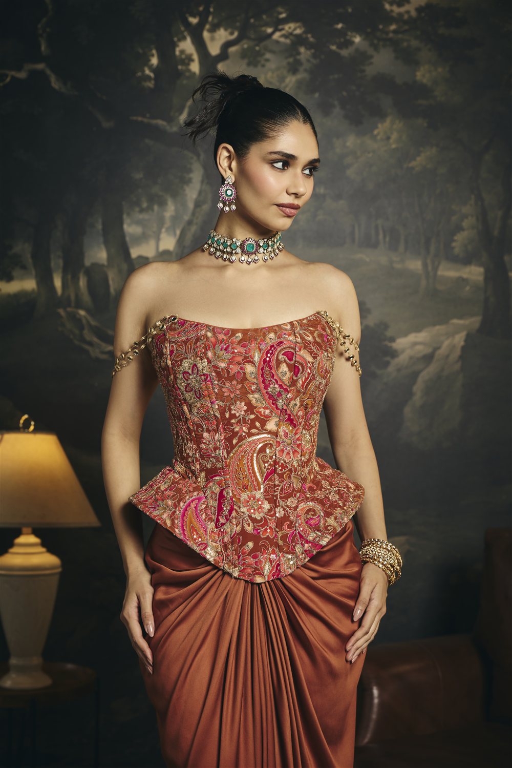 Ragini Rust Orange Corset and Drape Skirt Set