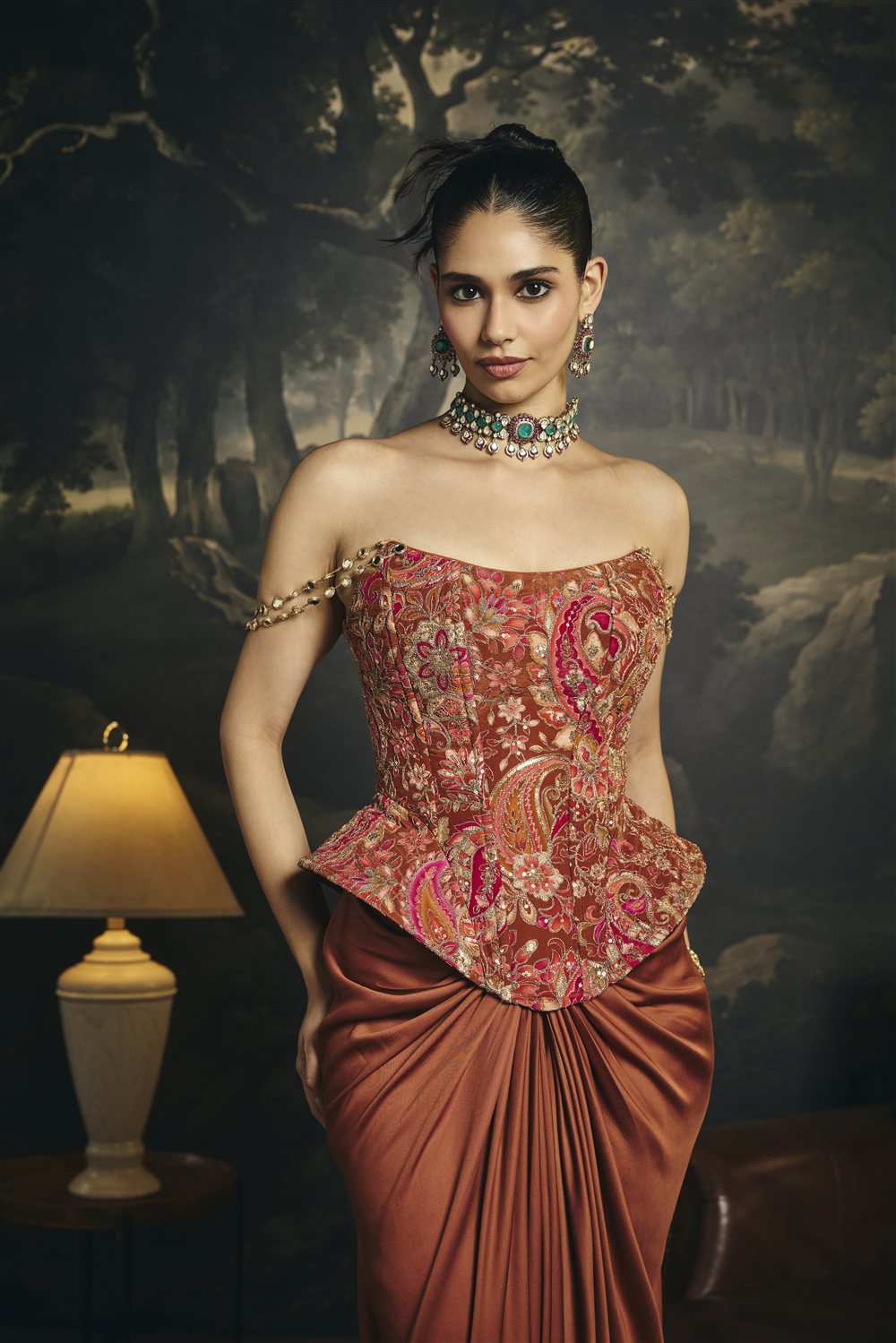 Aadhya Rust Orange Corset and Draped Skirt Set