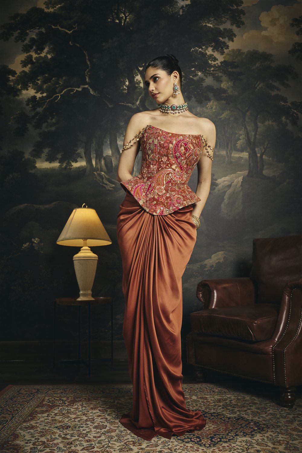 Ragini Rust Orange Corset and Drape Skirt Set