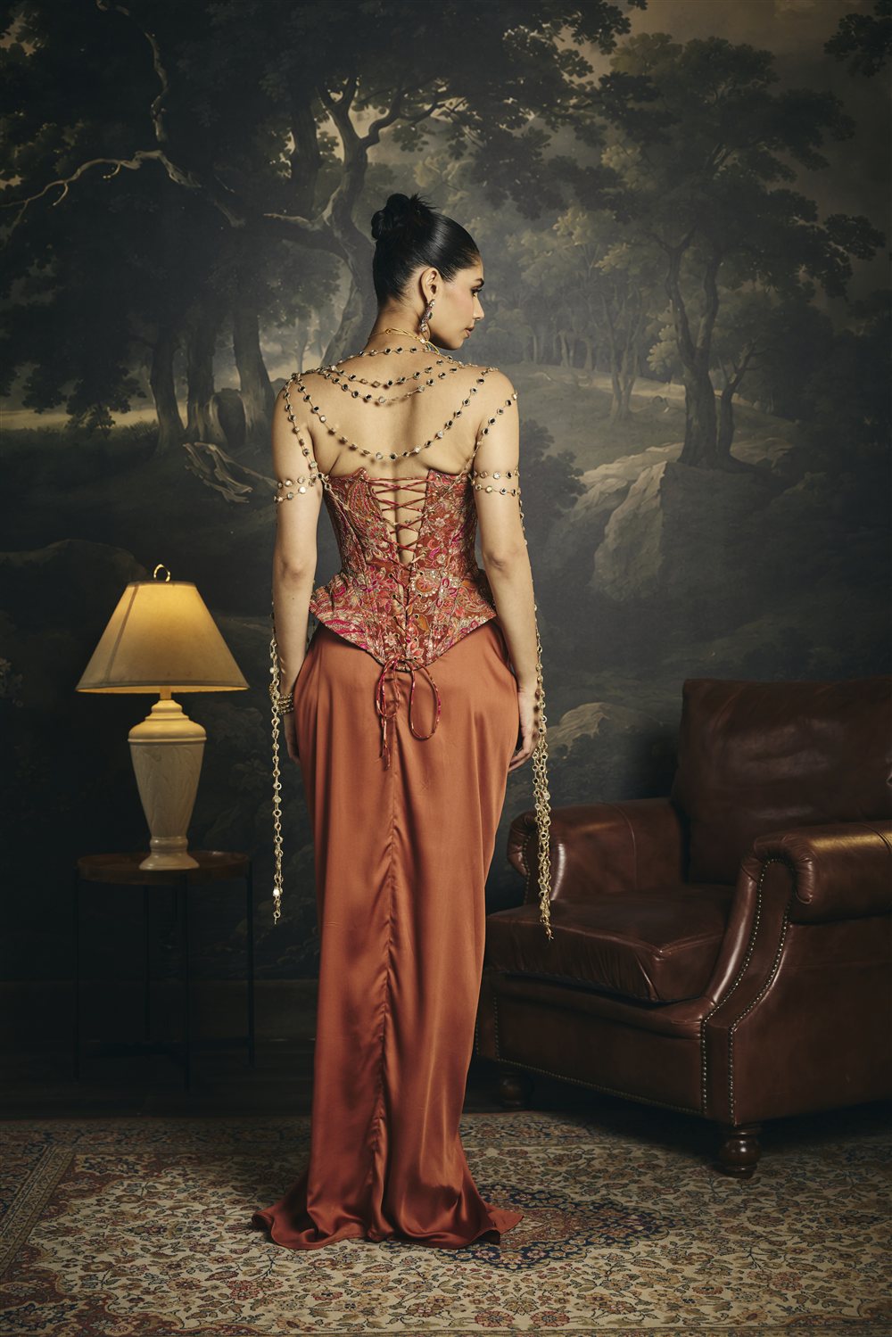 Ragini Rust Orange Corset and Drape Skirt Set