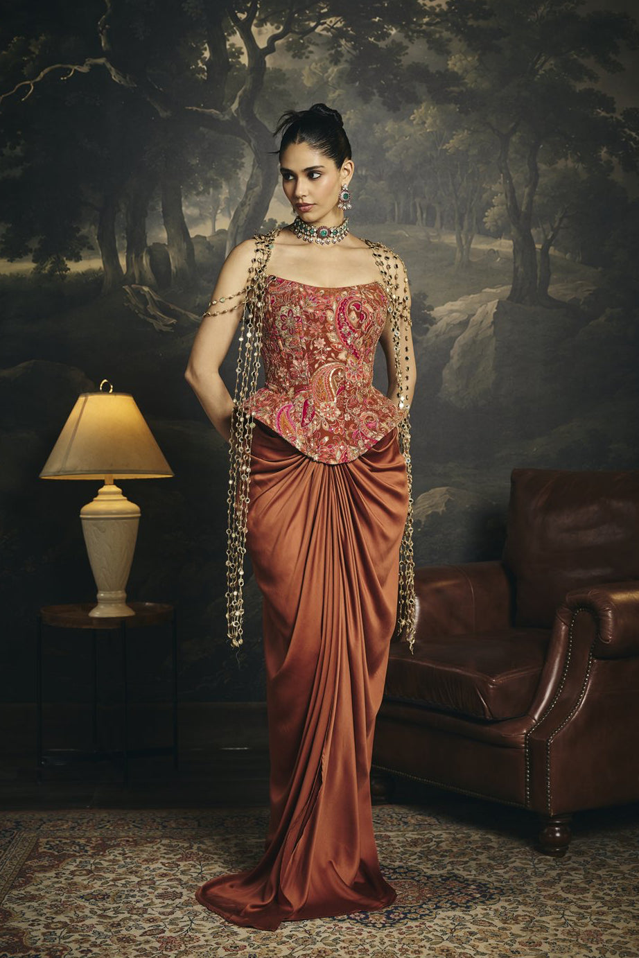 Aadhya Rust Orange Corset and Draped Skirt Set