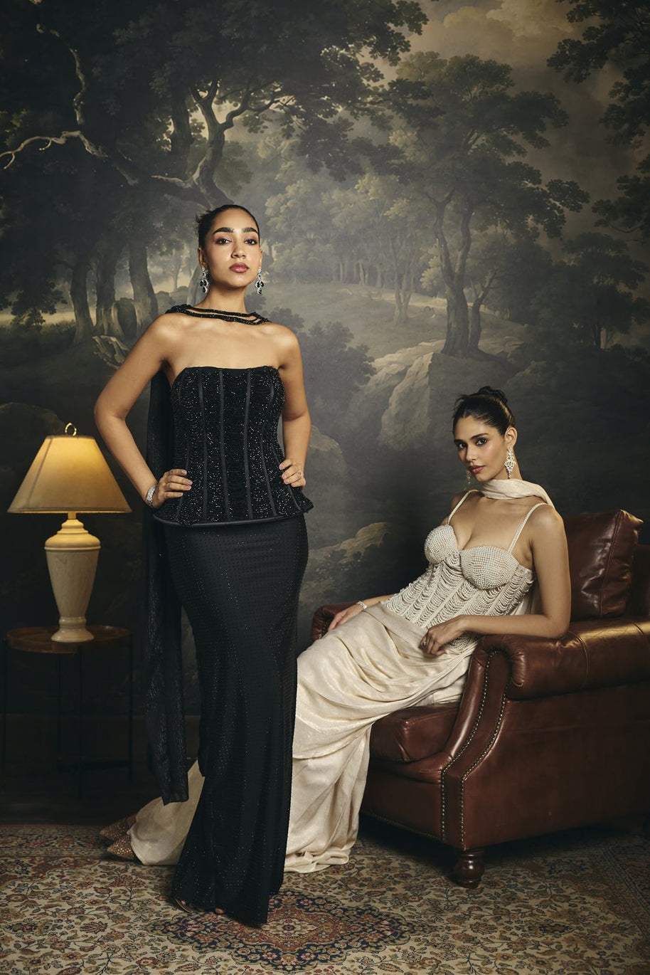 Ruhani Black Hand Embroidered Rhinestone Corset Skirt Set