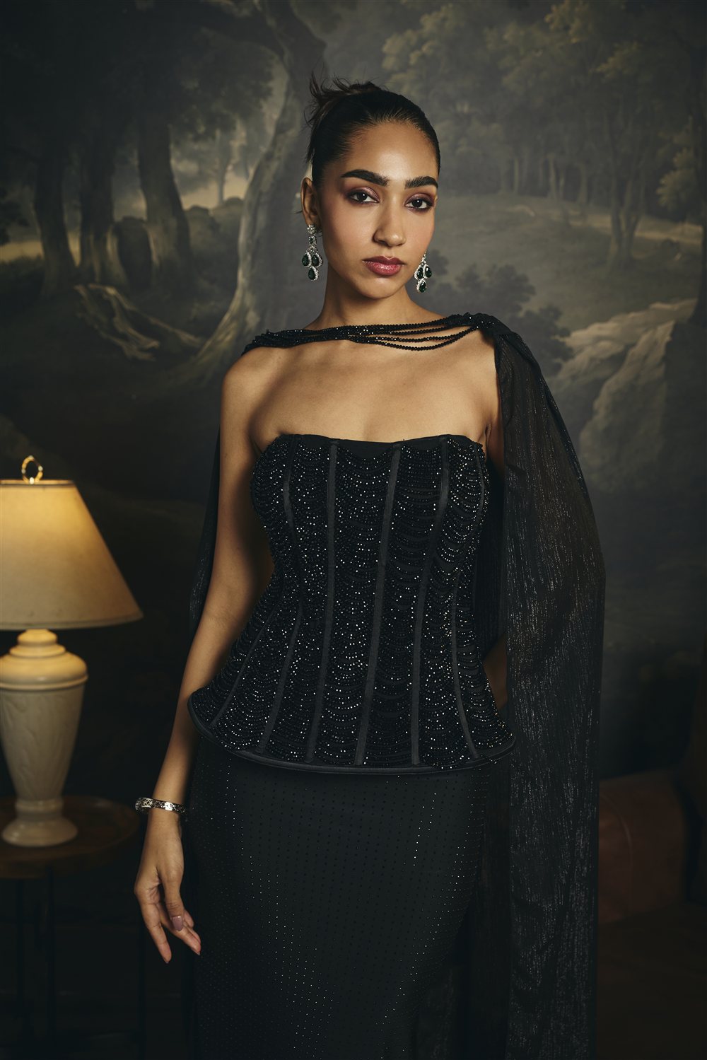 Ruhani Black Hand Embroidered Rhinestone Corset Skirt Set