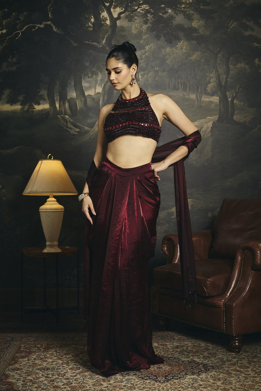 Mahira Burgundy Hand Embroidered Halter Blouse