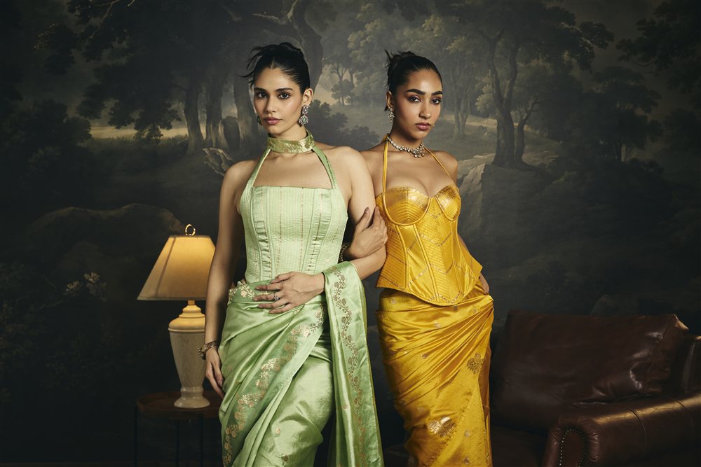 Swarna Yellow Raw Mango Banarasi Silk Corset Saree Set