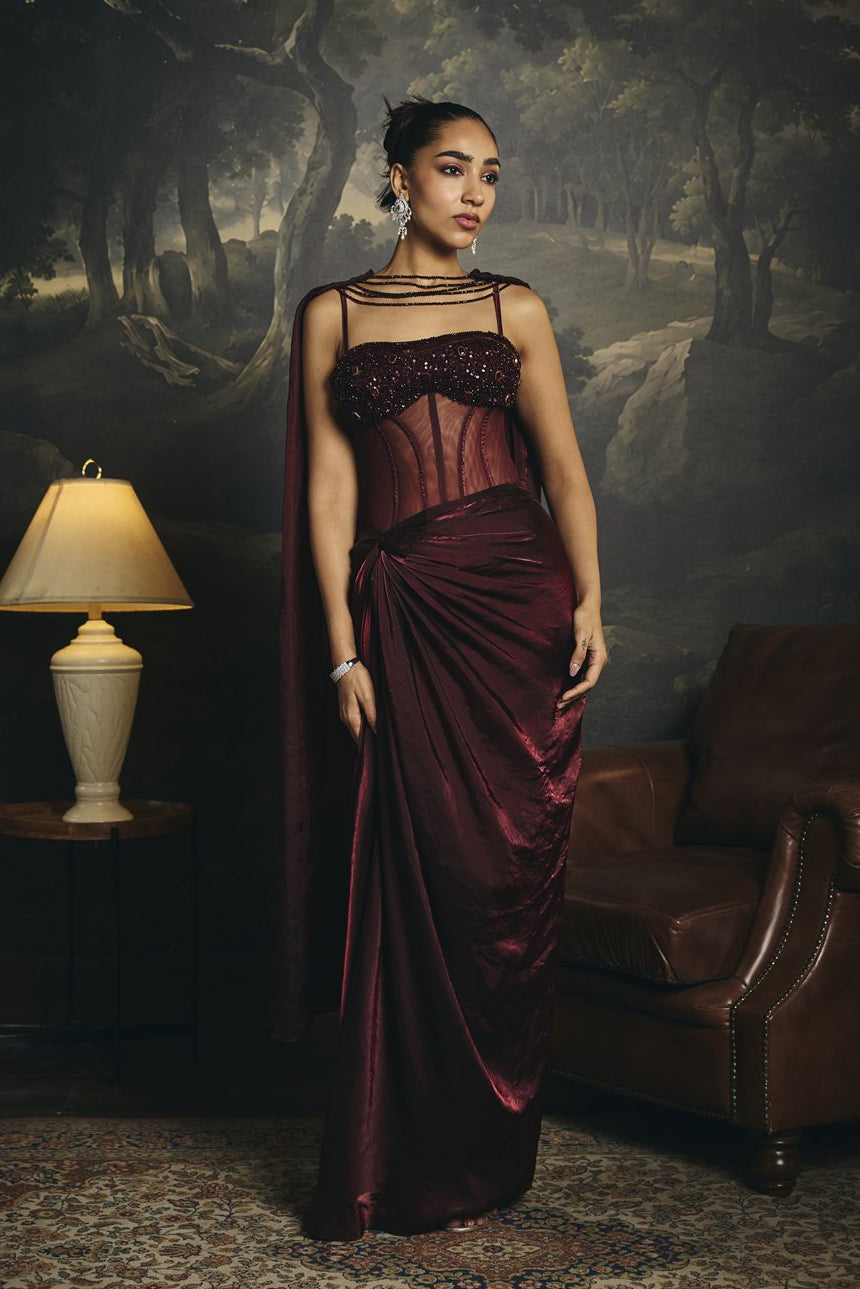 Alisha Burgundy Pre-Draped Corset Saree Gown