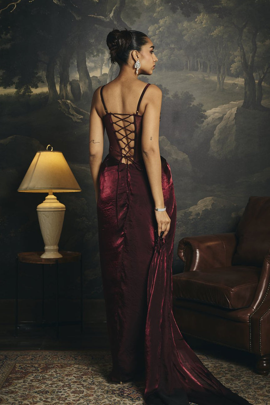 Alisha Burgundy Pre-Draped Corset Saree Gown