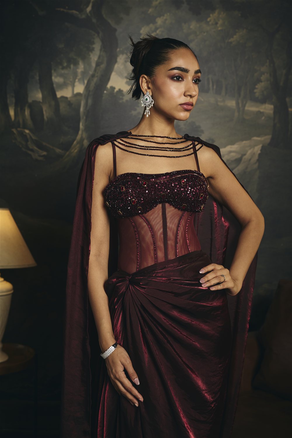 Alisha Burgundy Pre-Draped Corset Saree Gown