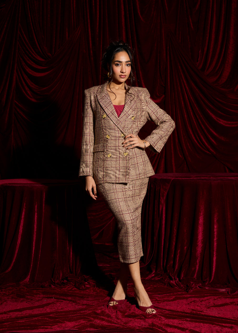 Heritage Brown Plaid Woolen Pencil Skirt