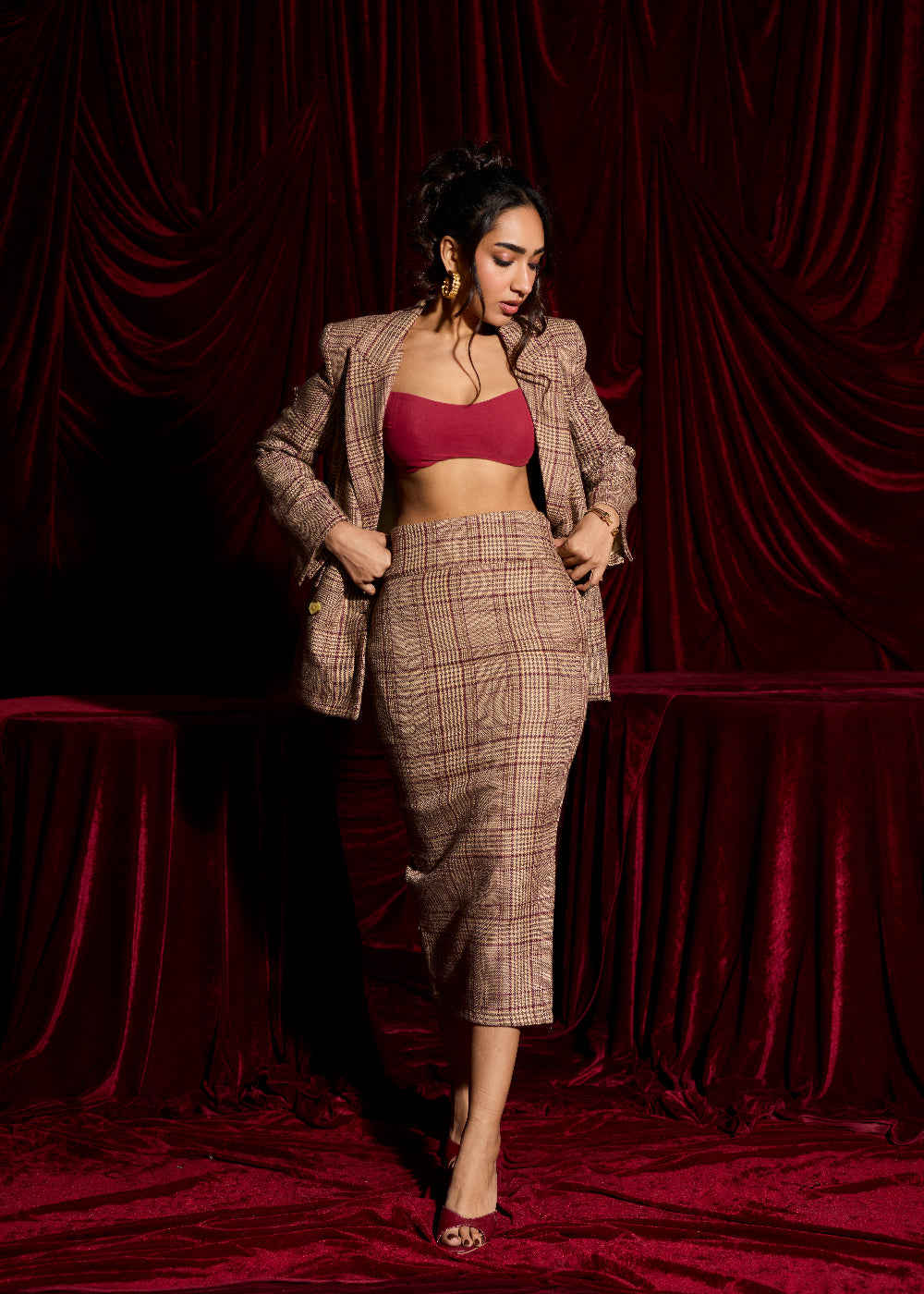 Heritage Brown Plaid Woolen Pencil Skirt
