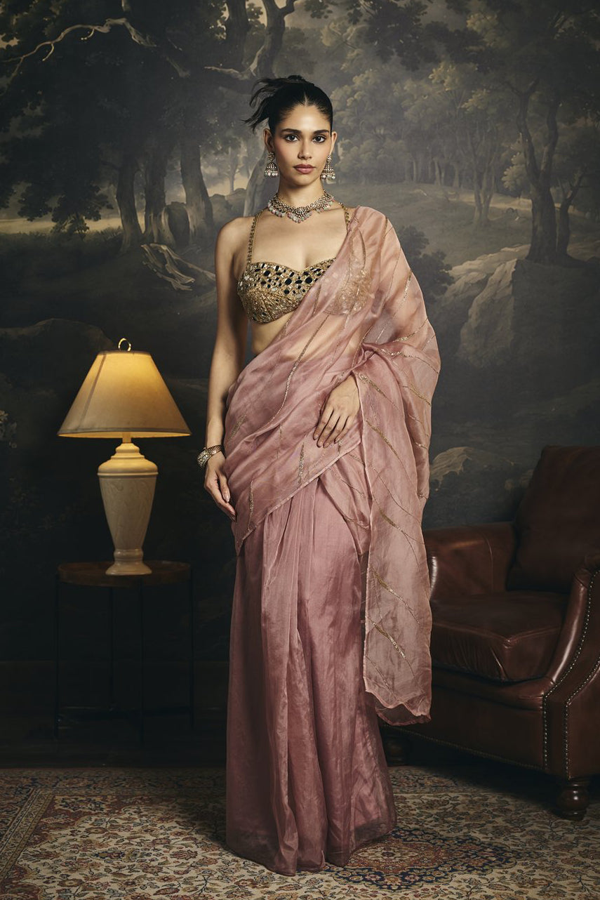 Anvitha Silk Organza Embroidered Pre Draped Saree Set