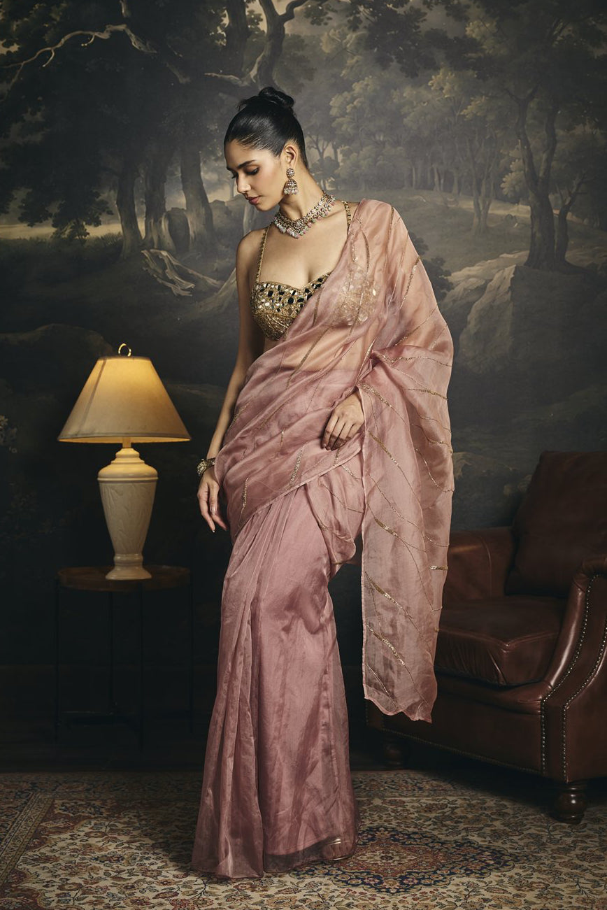 Anvitha Silk Organza Embroidered Pre Draped Saree Set