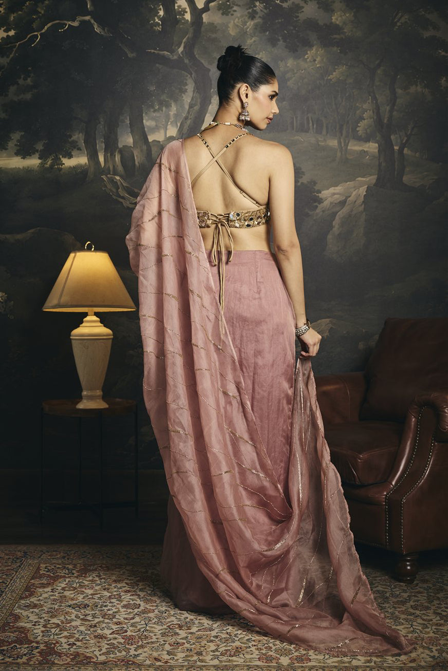 Anvitha Silk Organza Embroidered Pre Draped Saree Set