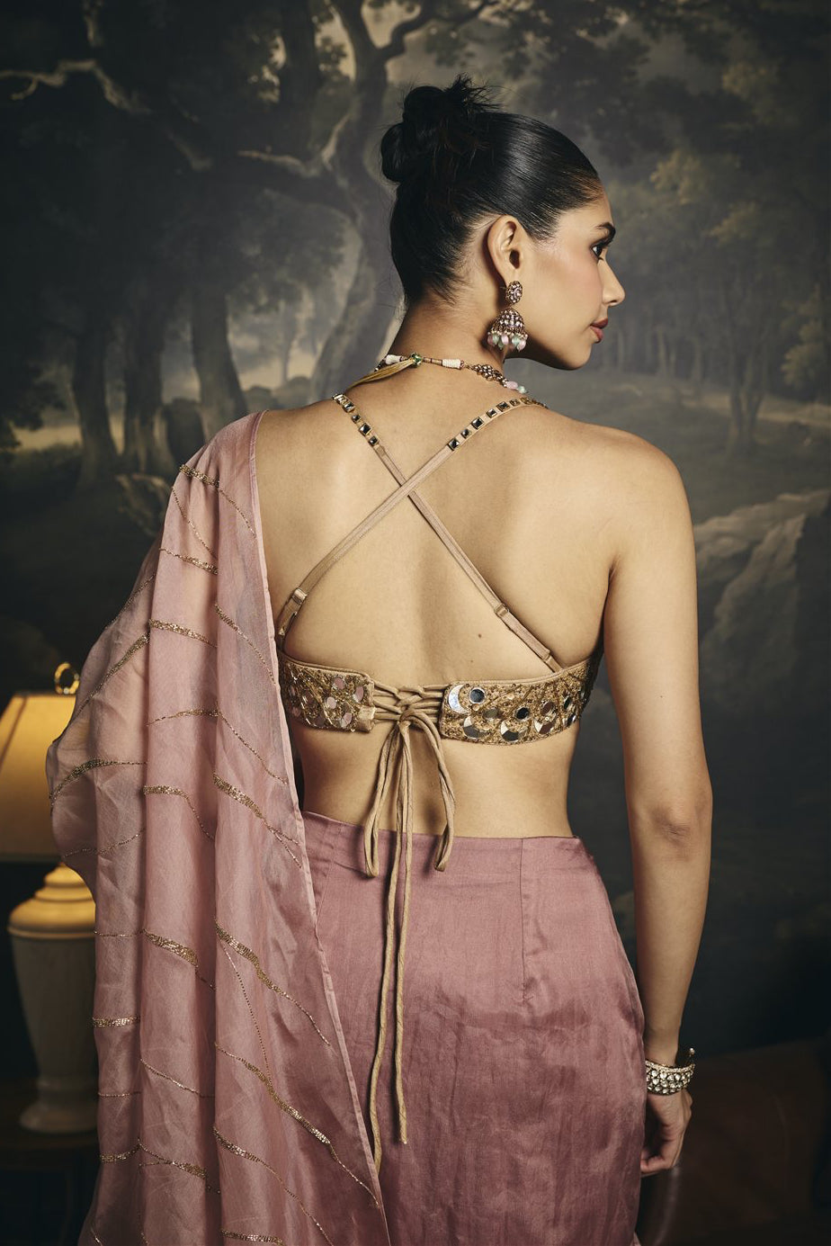 Anvitha Silk Organza Embroidered Pre Draped Saree Set