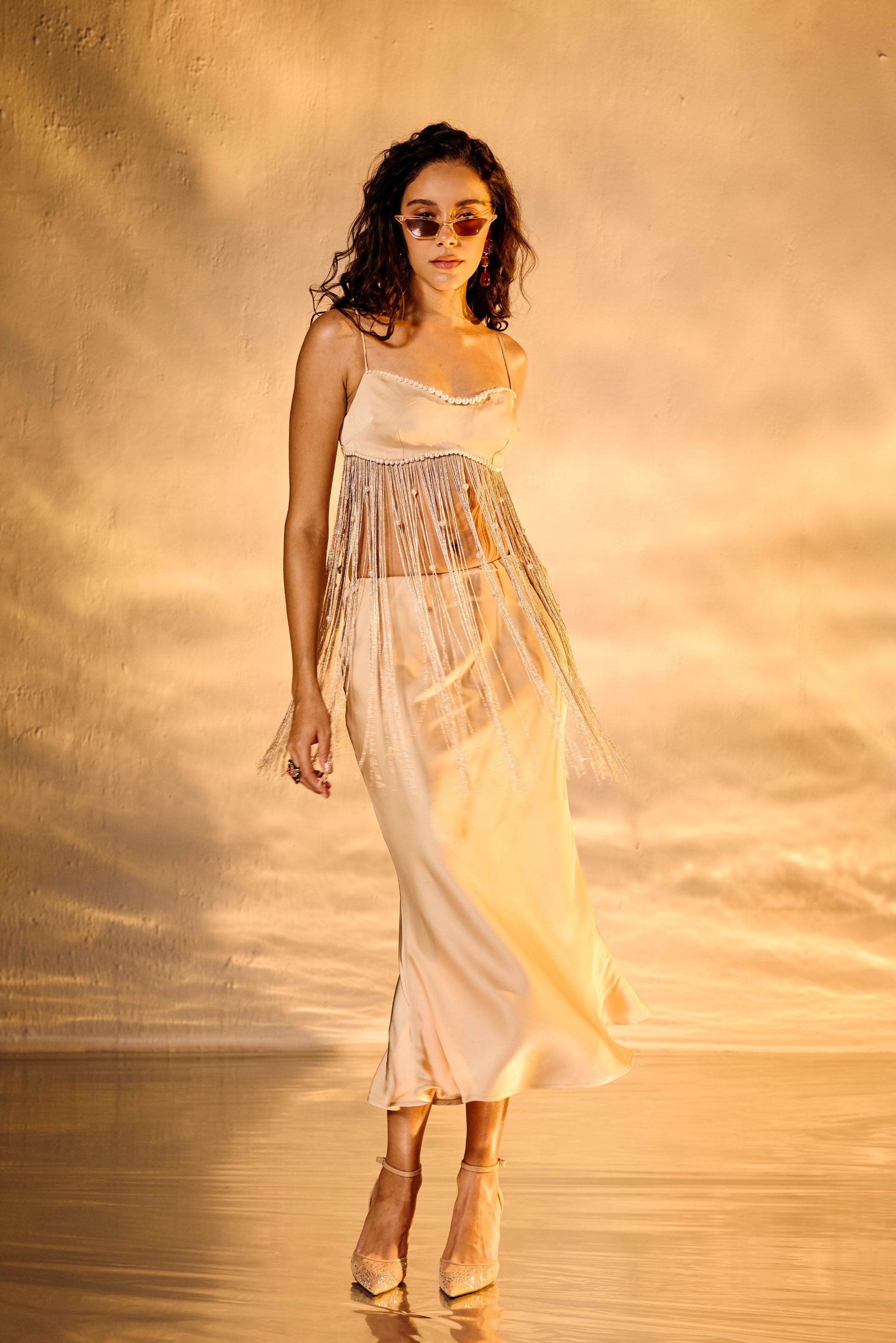 Afterglow Champagne Satin Midi Skirt
