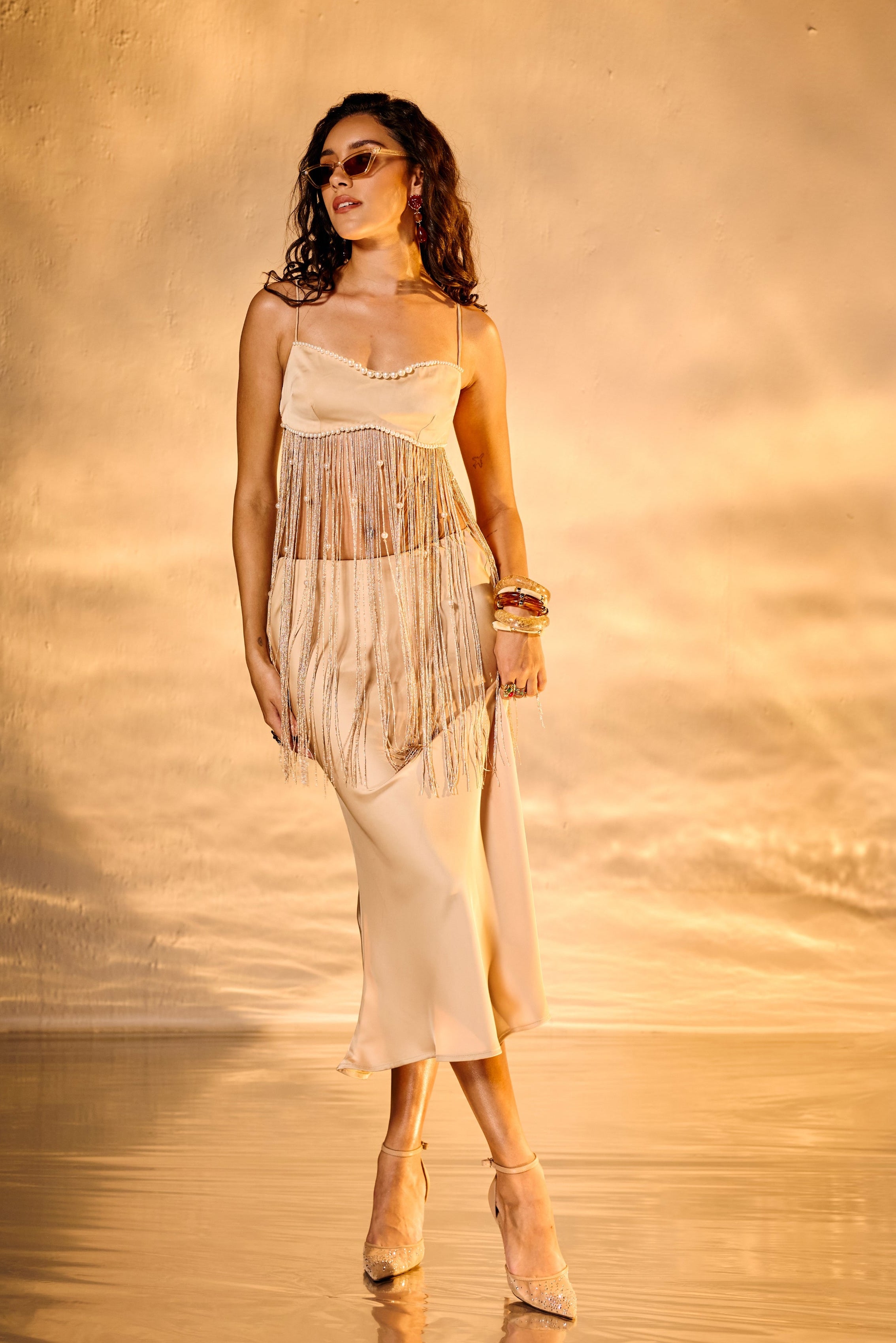 Afterglow Champagne Embroidered Fringe Pearl Top