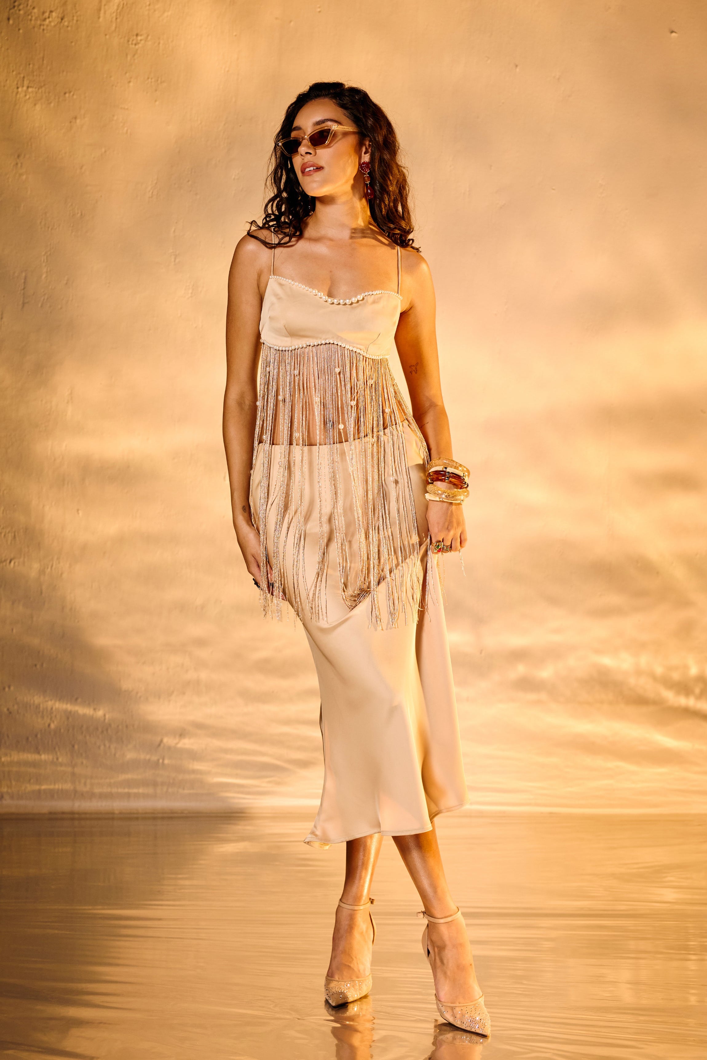 Afterglow Champagne Satin Midi Skirt