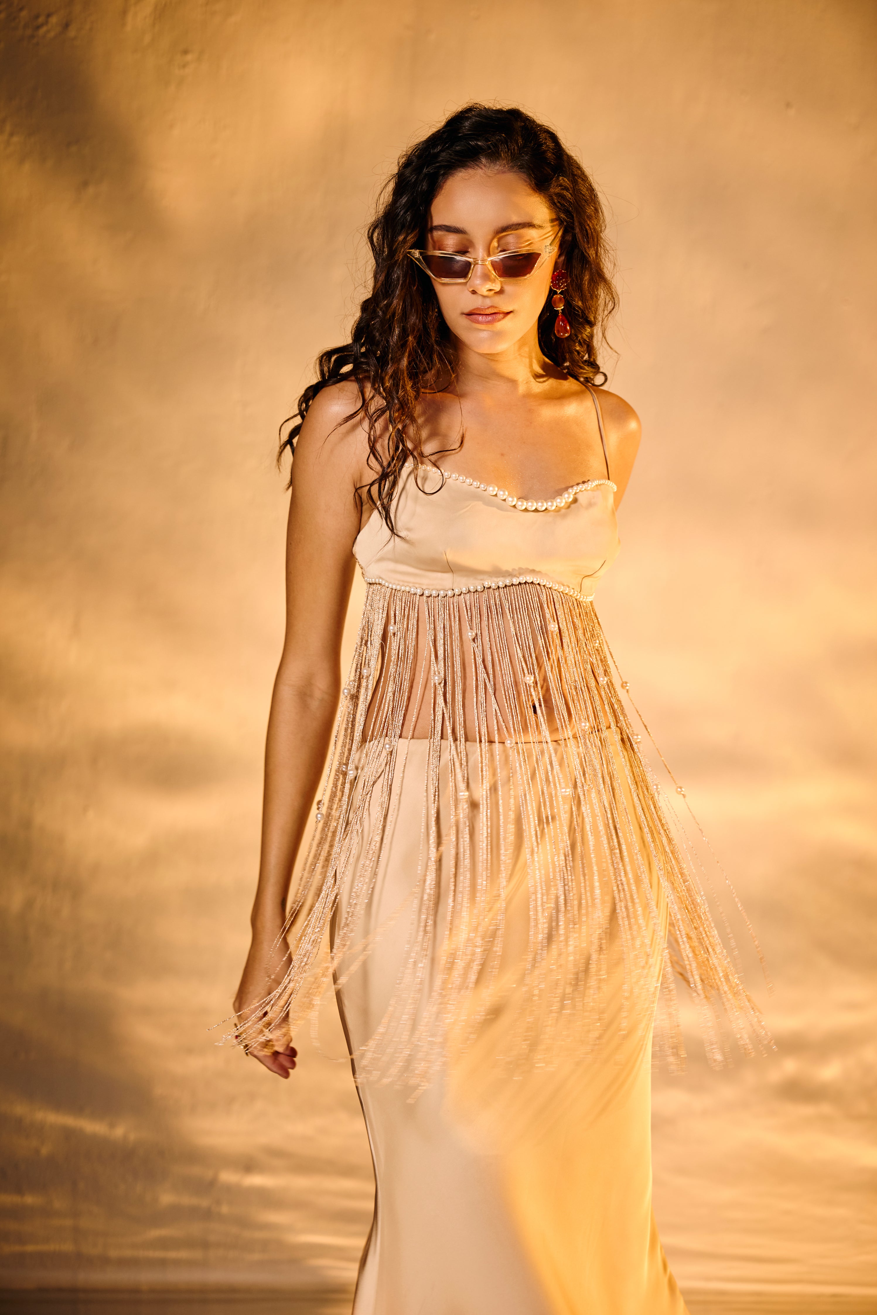 Afterglow Champagne Satin Midi Skirt