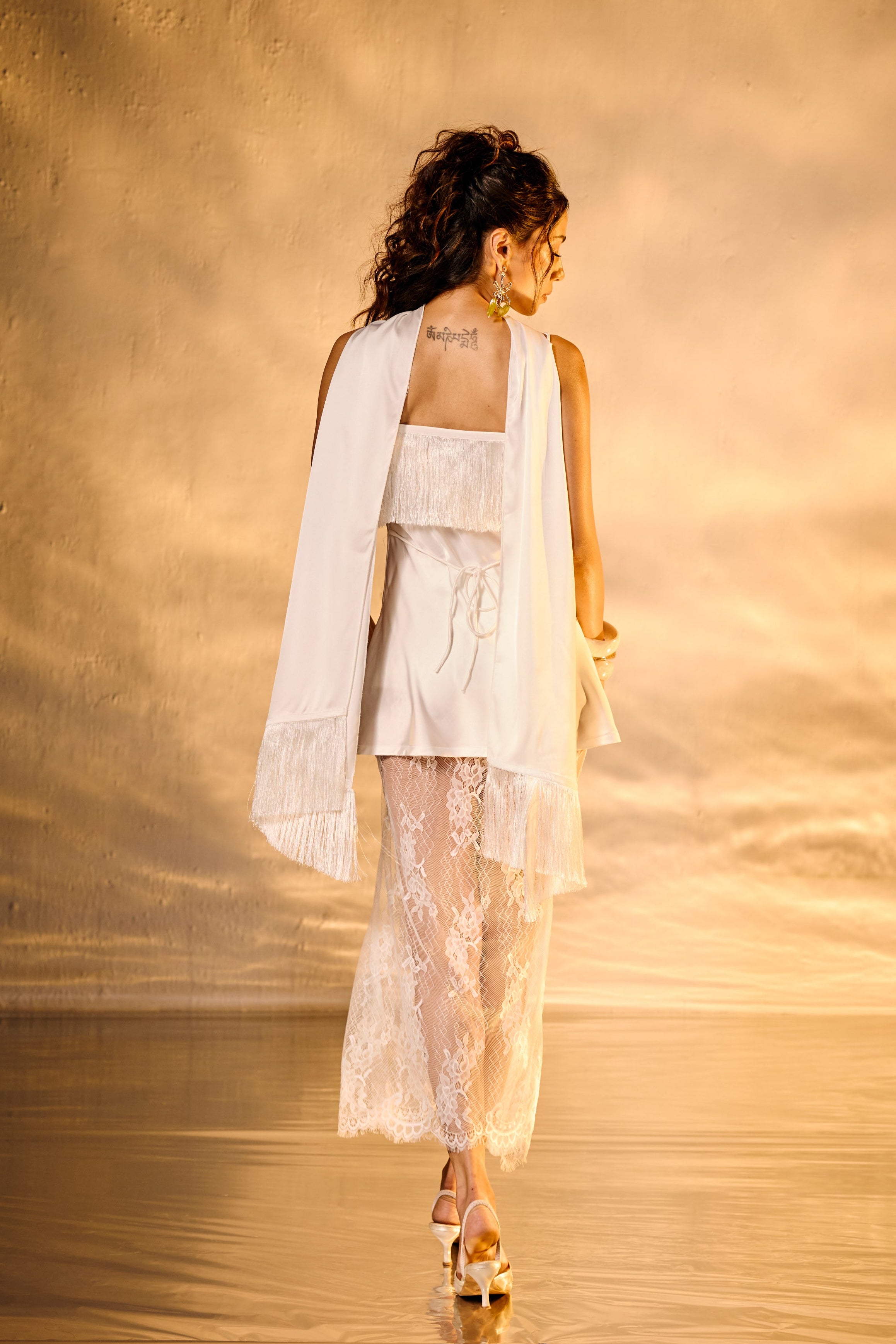 Ibiza White Moon Satin Fringe Longline Top and Scarf