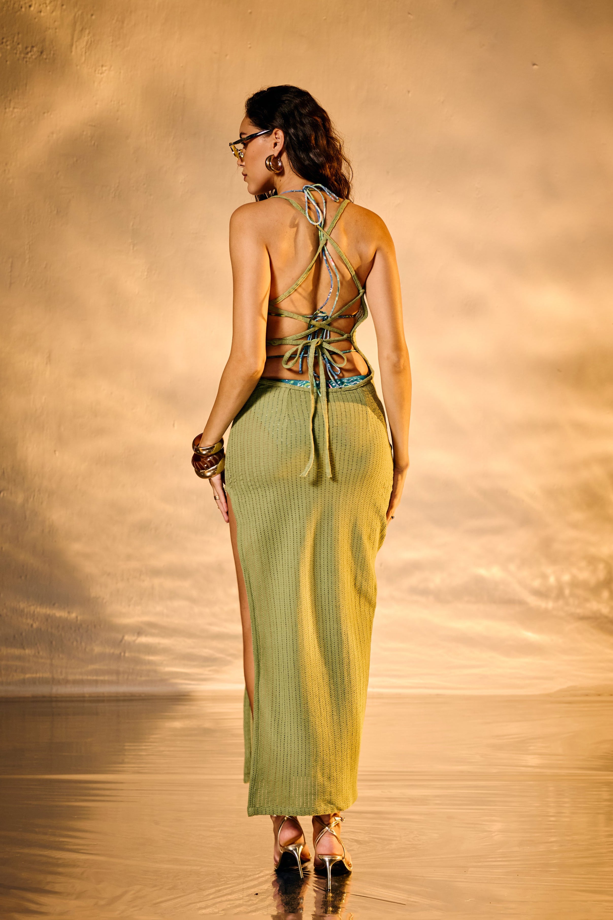 Safari Khaki Crochet Beaded Cover Up Dress