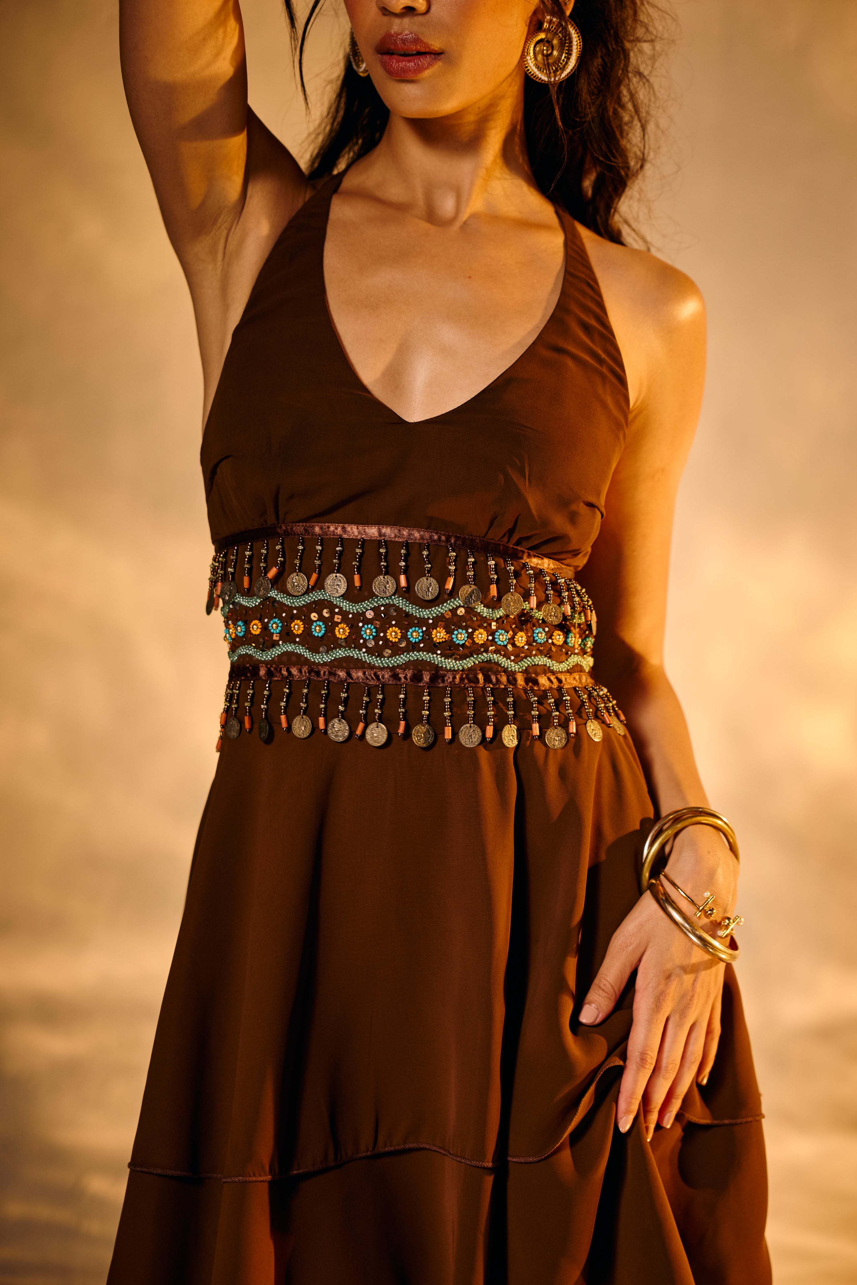 Maddie Brown Embroidered Lace Halter Dress