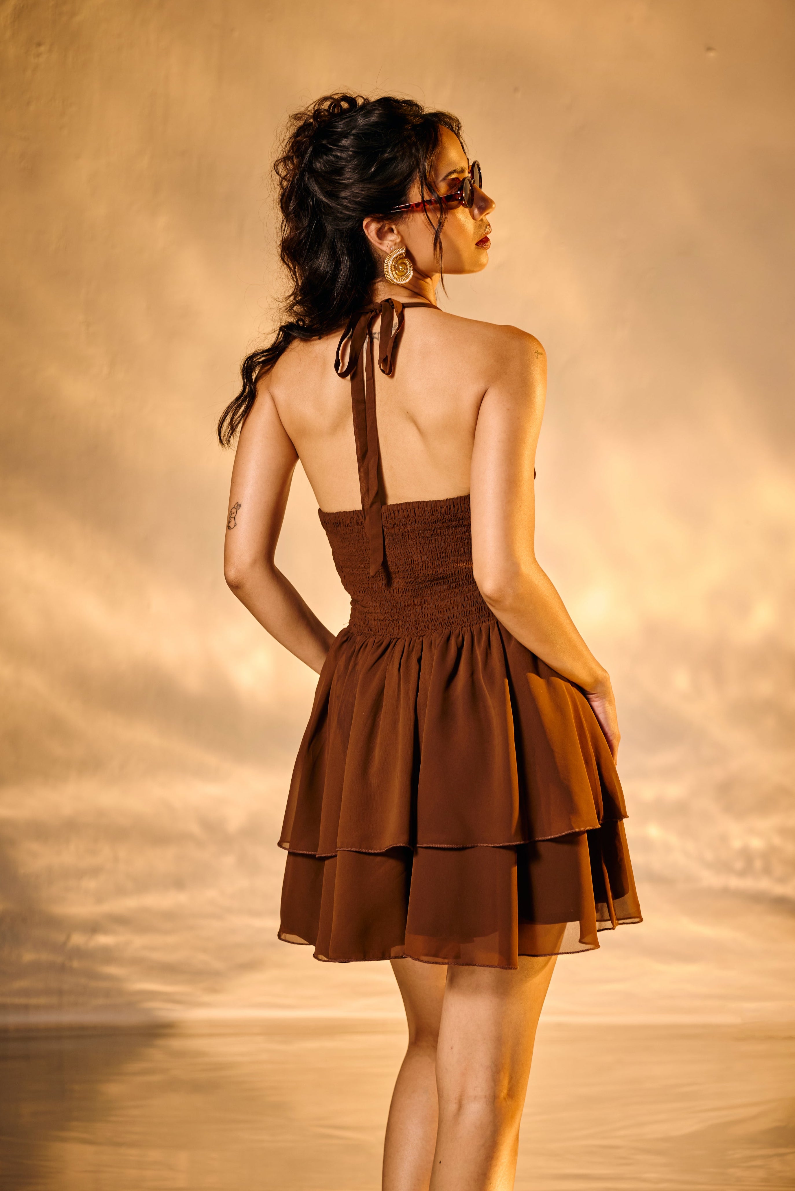 Maddie Brown Embroidered Lace Halter Dress