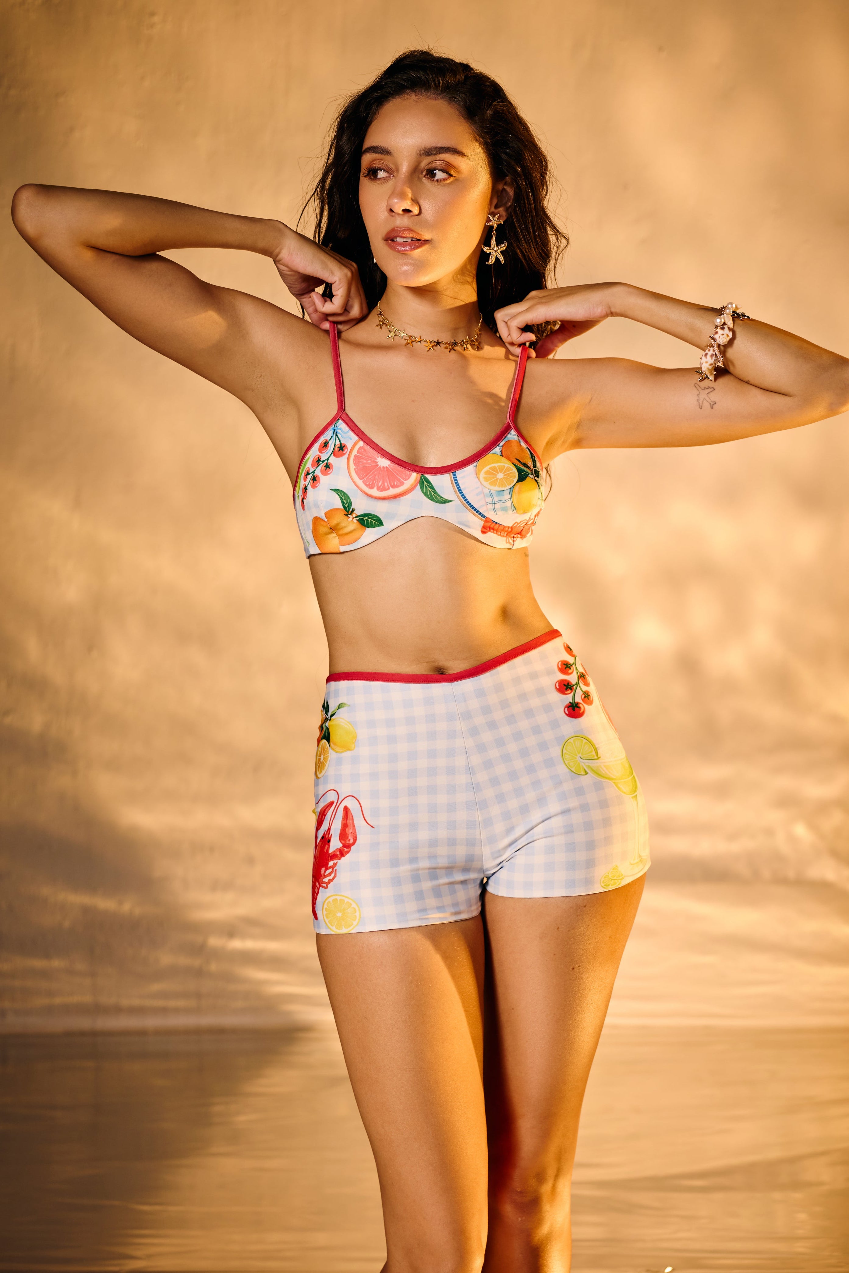 Aquarina Printed Blue Gingham Bikini and Shorts Set