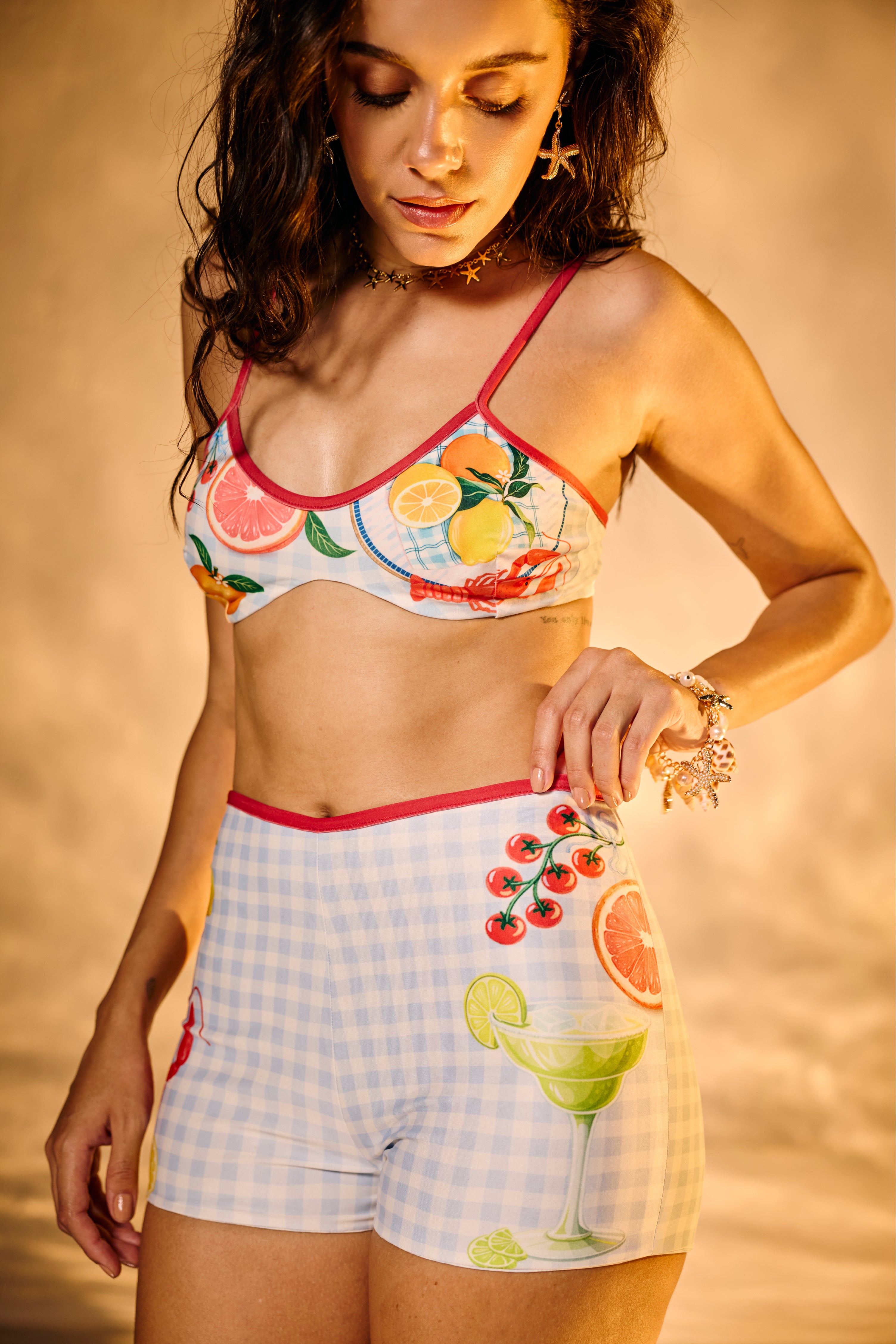 Aquarina Printed Blue Gingham Bikini and Shorts Set