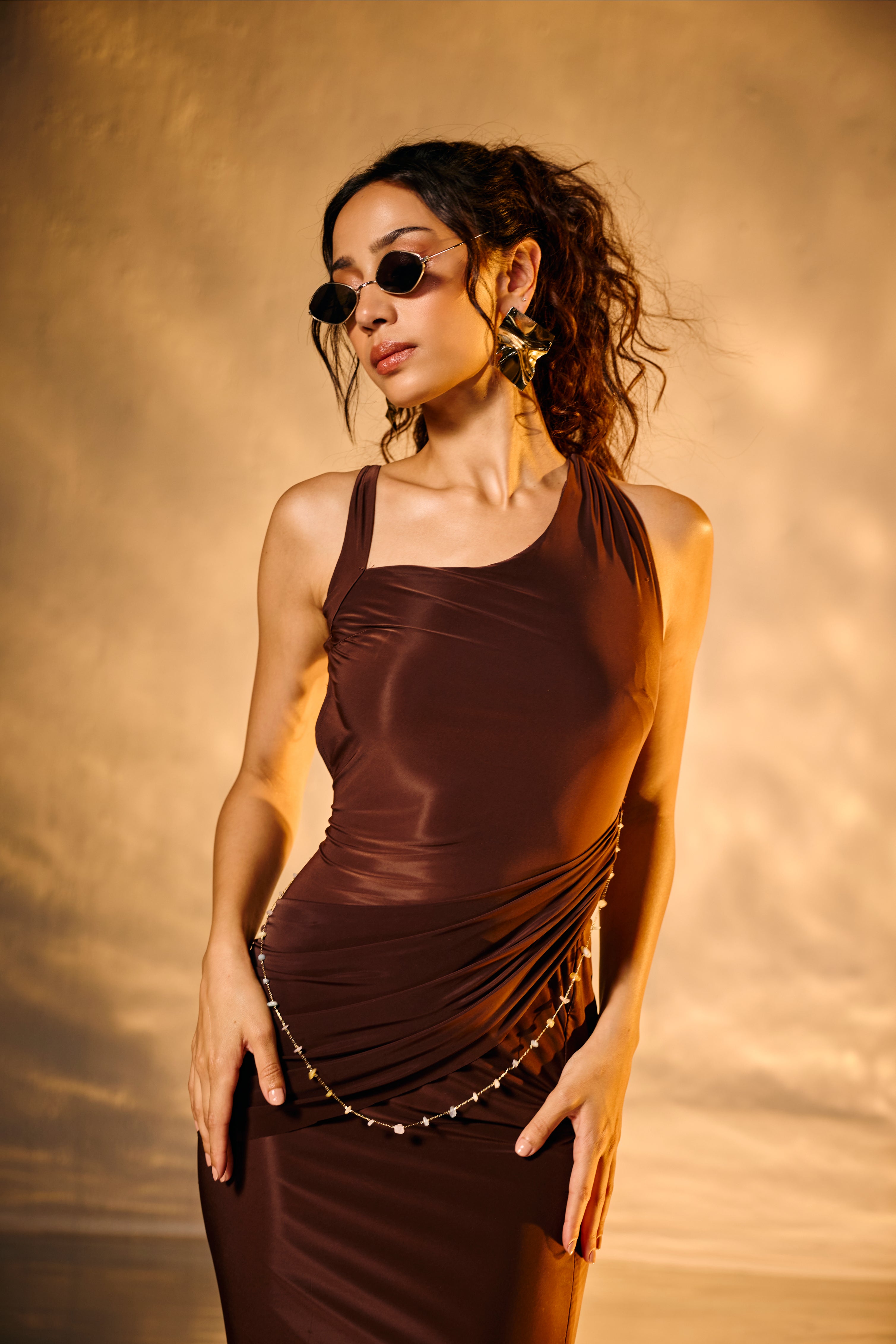 Milky Chocolate Brown Draped Maxi Dress