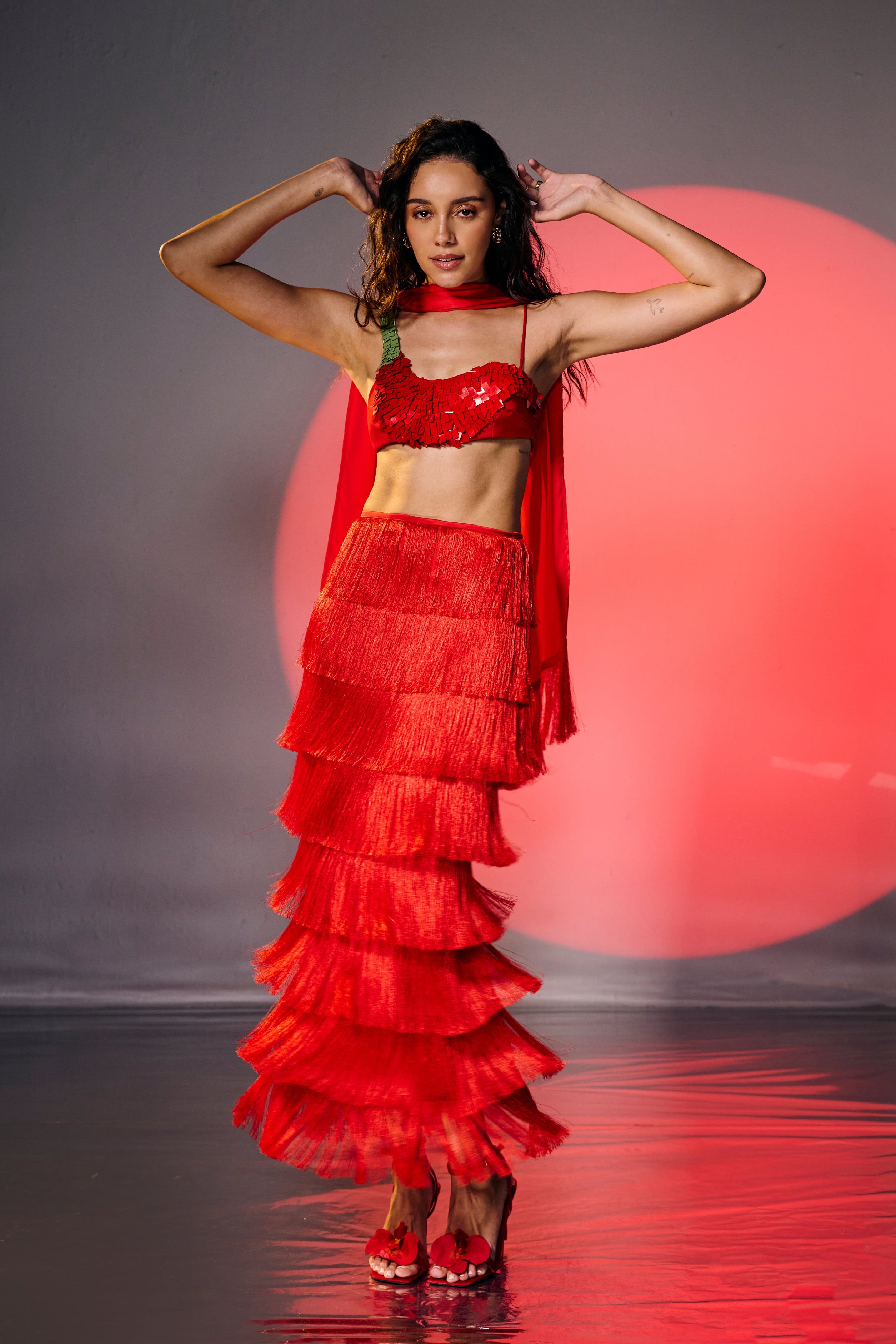 Laal Mirchi Red Fringe Maxi Skirt
