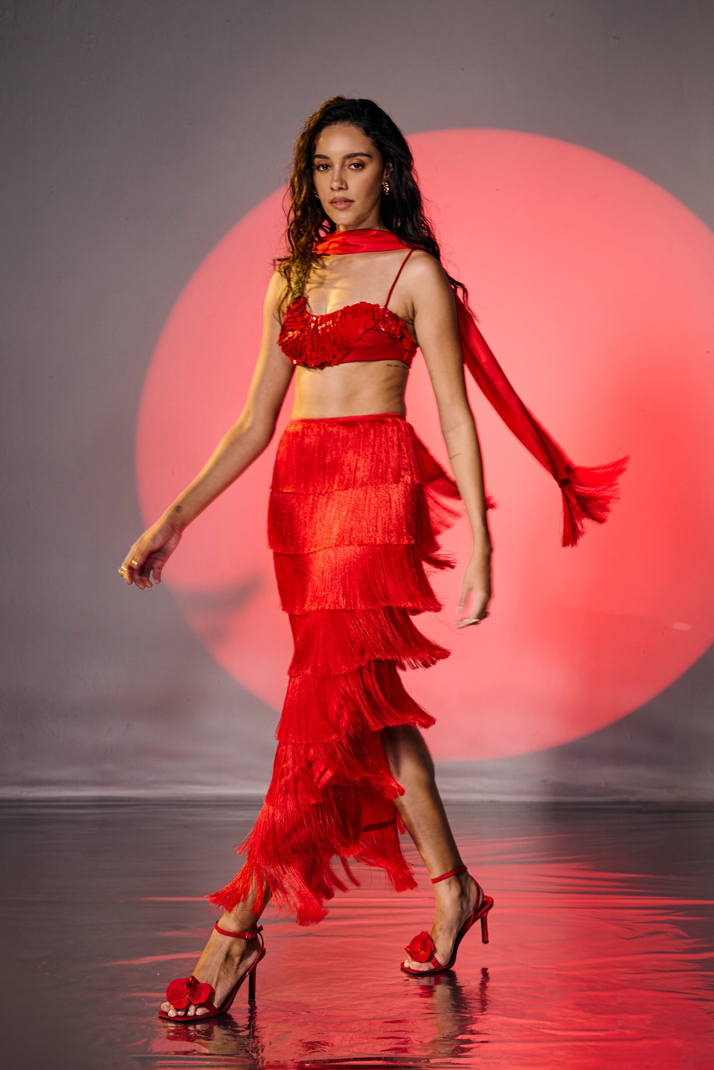 Laal Mirchi Red Fringe Maxi Skirt