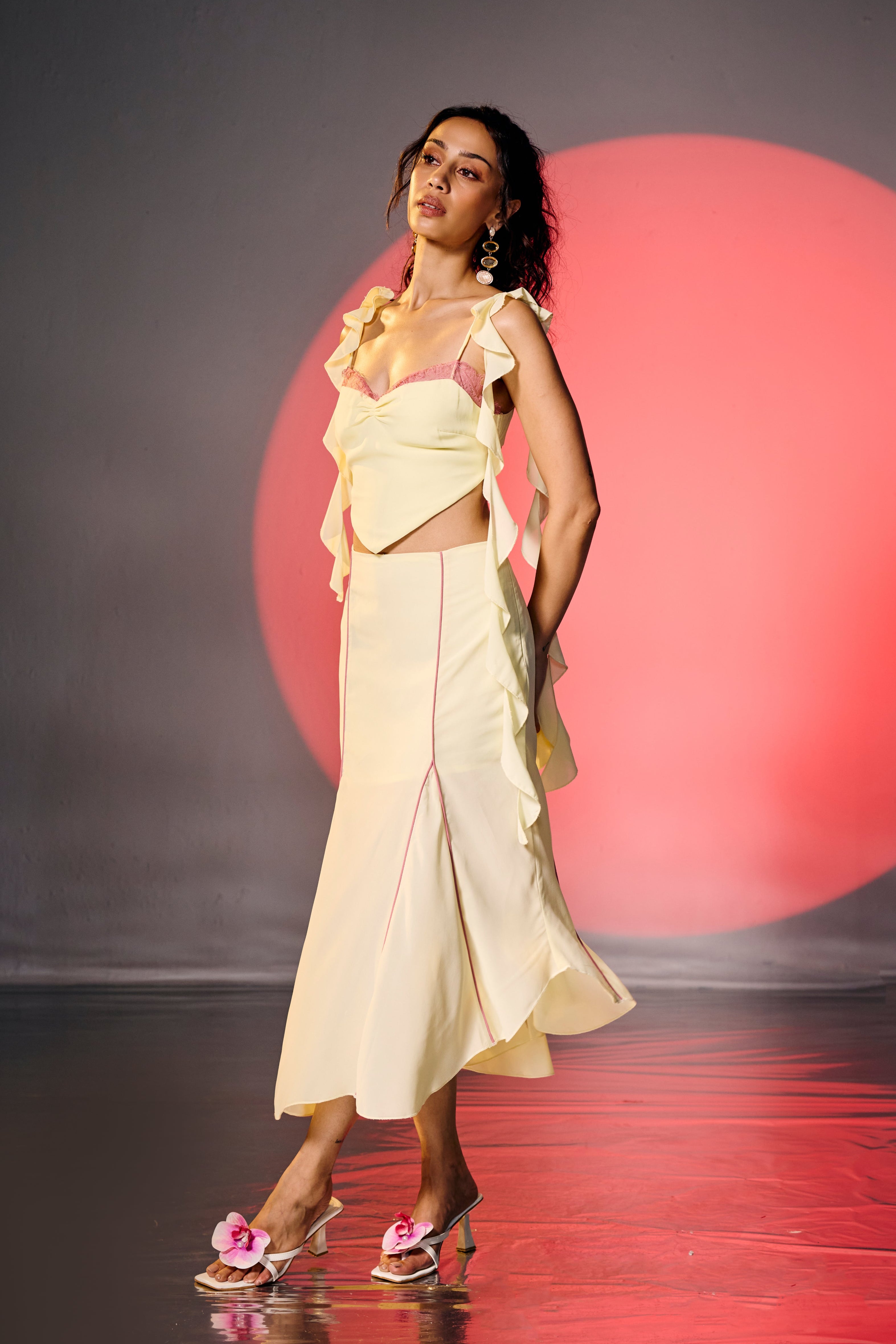 Crimson Butter Yellow Ruffle Midi Skirt