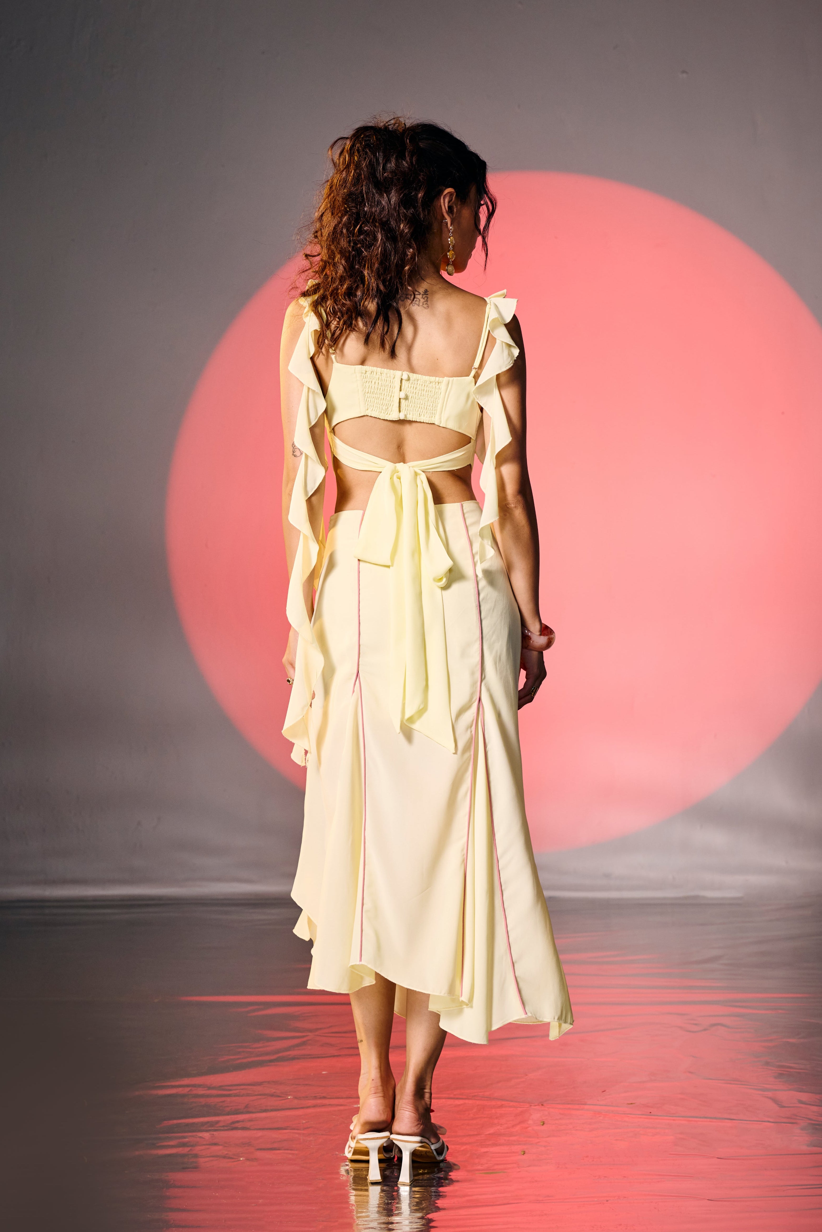 Crimson Butter Yellow Ruffle Midi Skirt