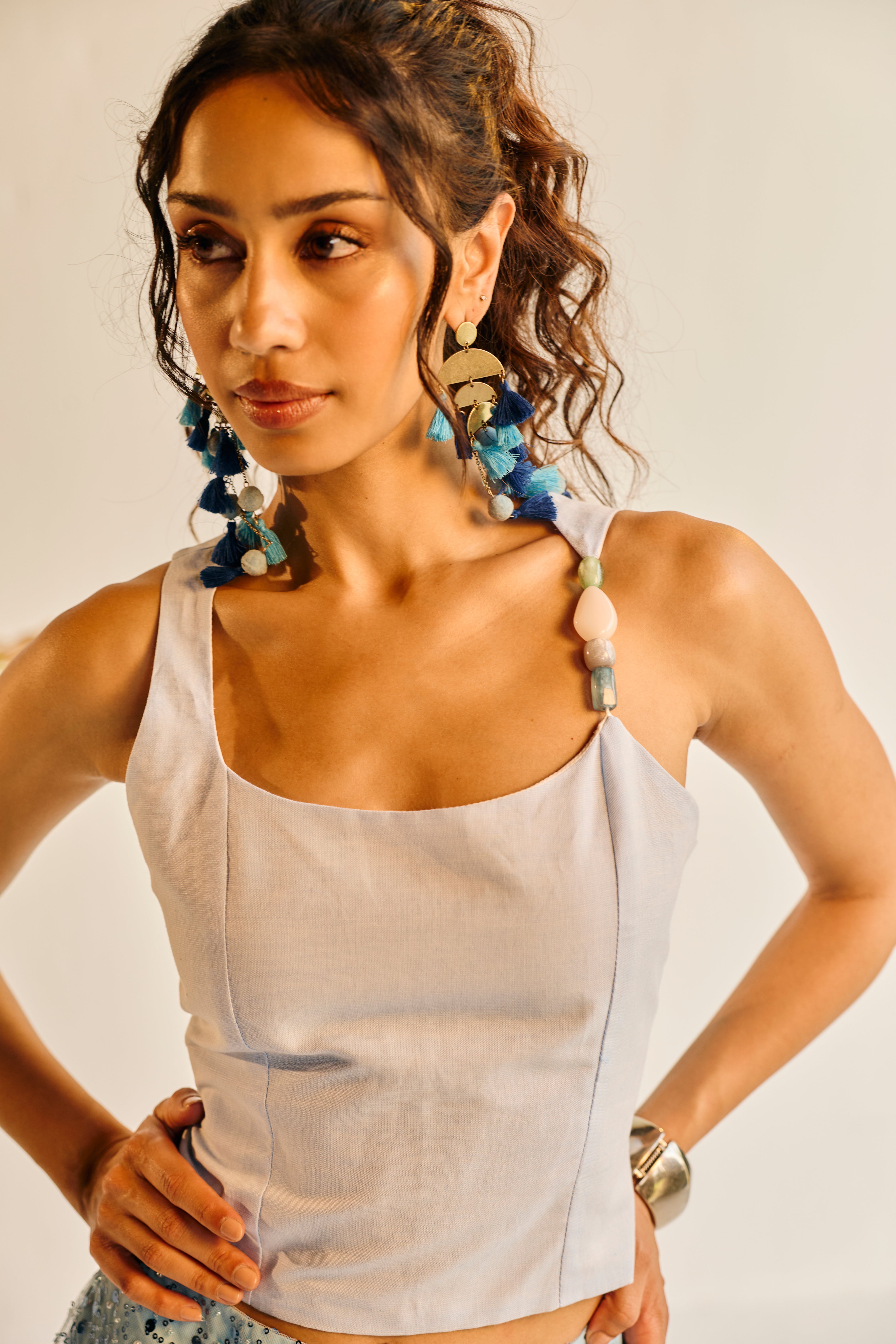 Aamras Blue One Shoulder Embellished Top