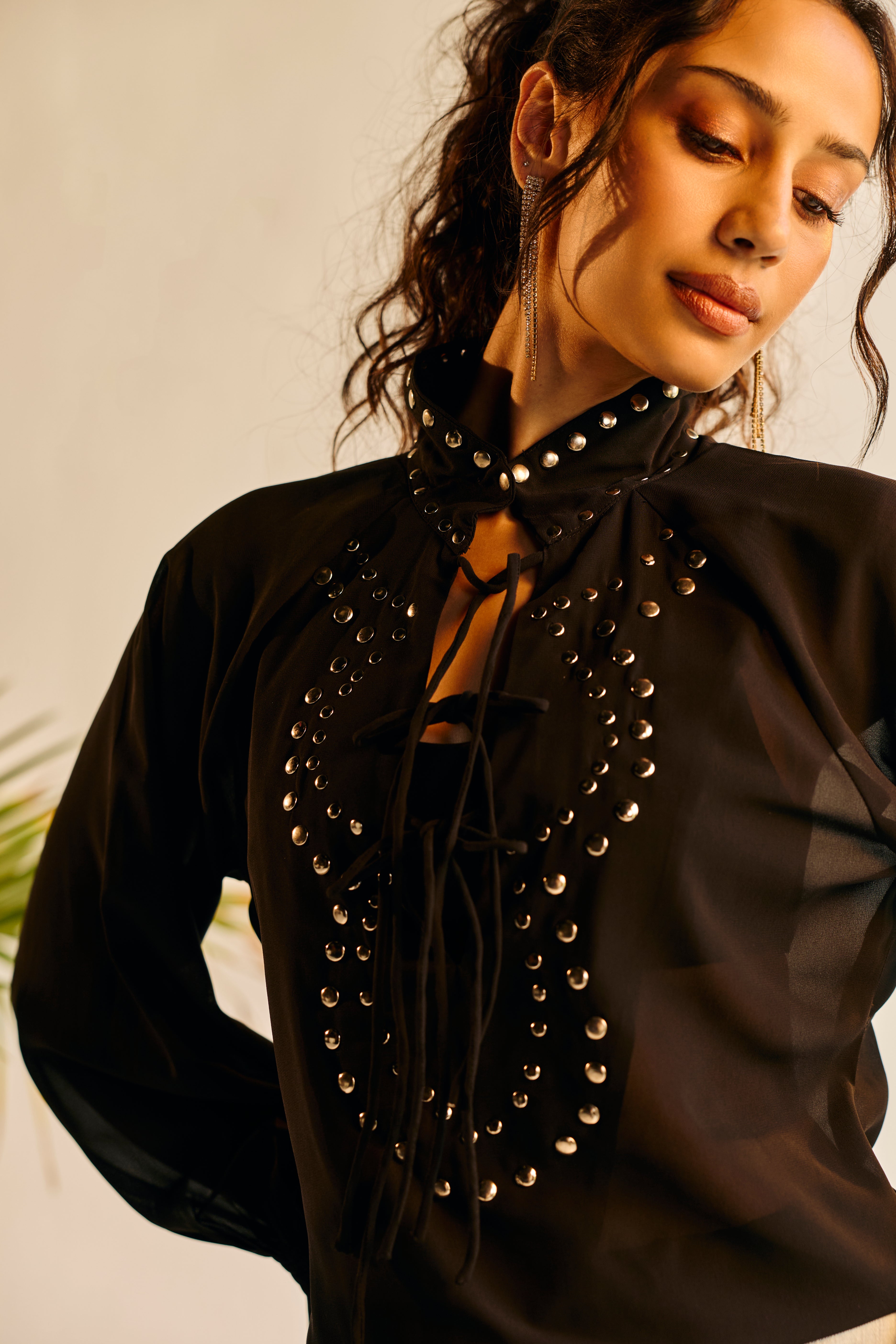 Noiré Sheer Studded Tie-Up Blouse