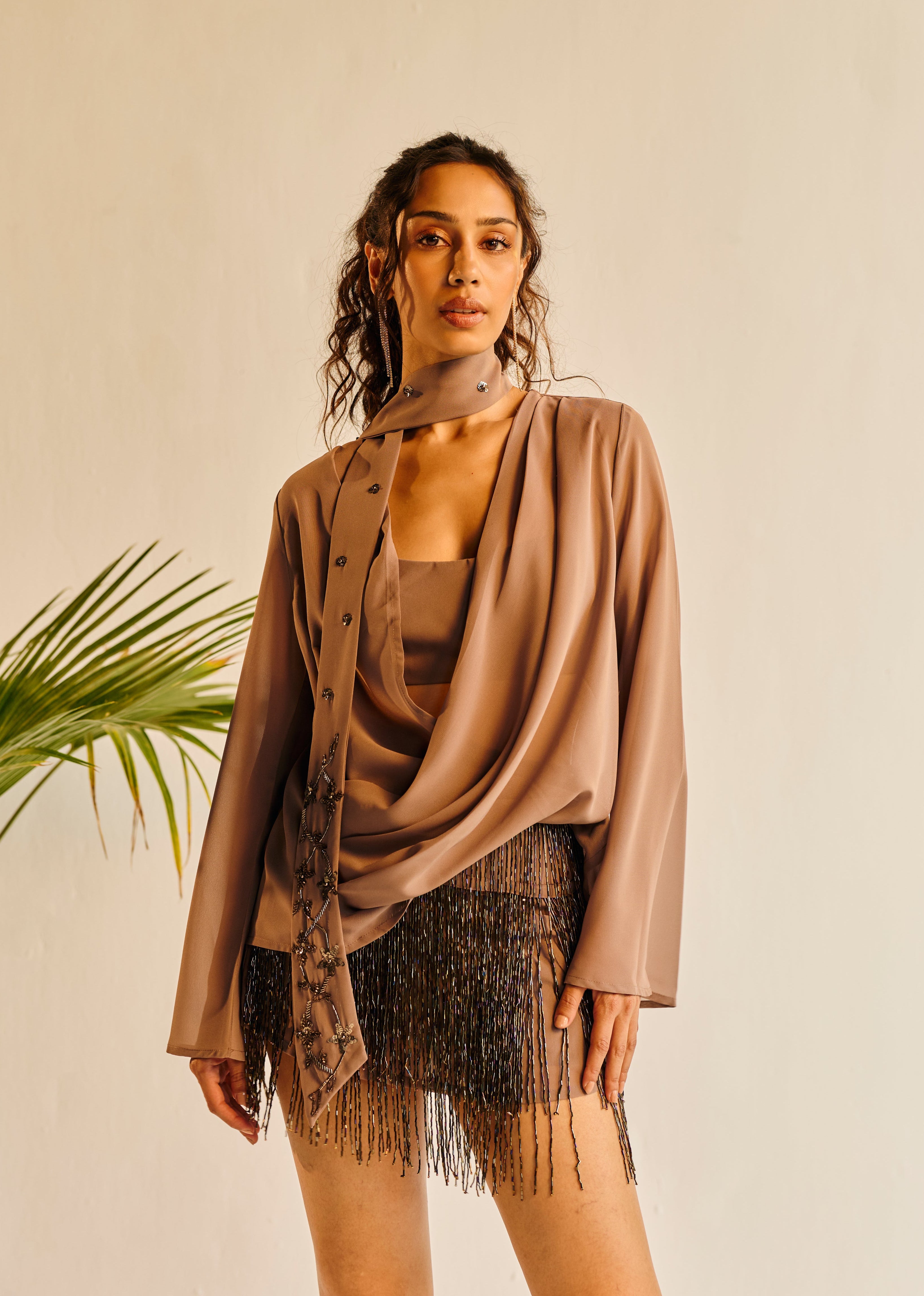 Vivienne Grey Draped Top and Hand-Embrodiered Scraf