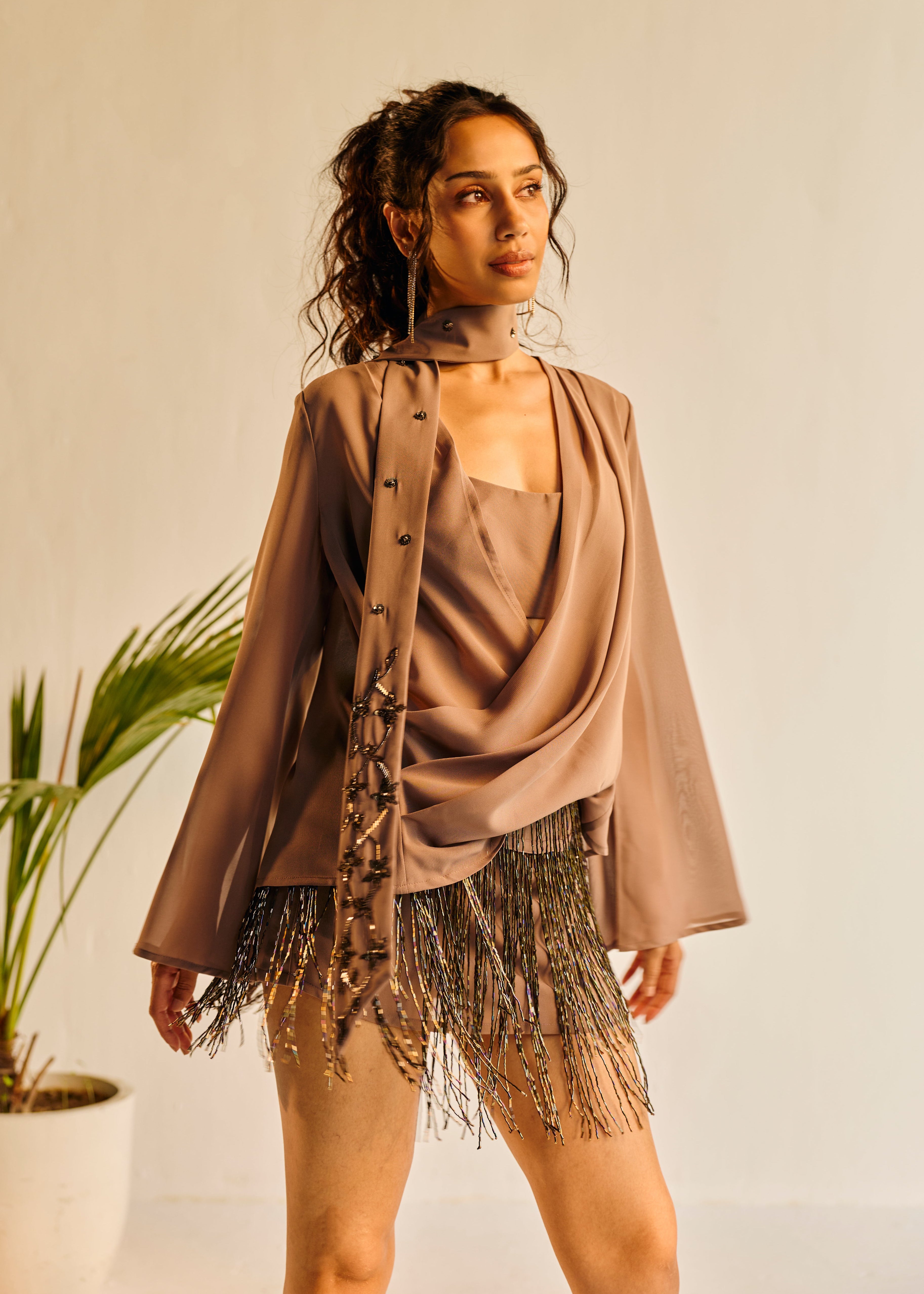 Vivienne Grey Draped Top and Hand-Embrodiered Scraf