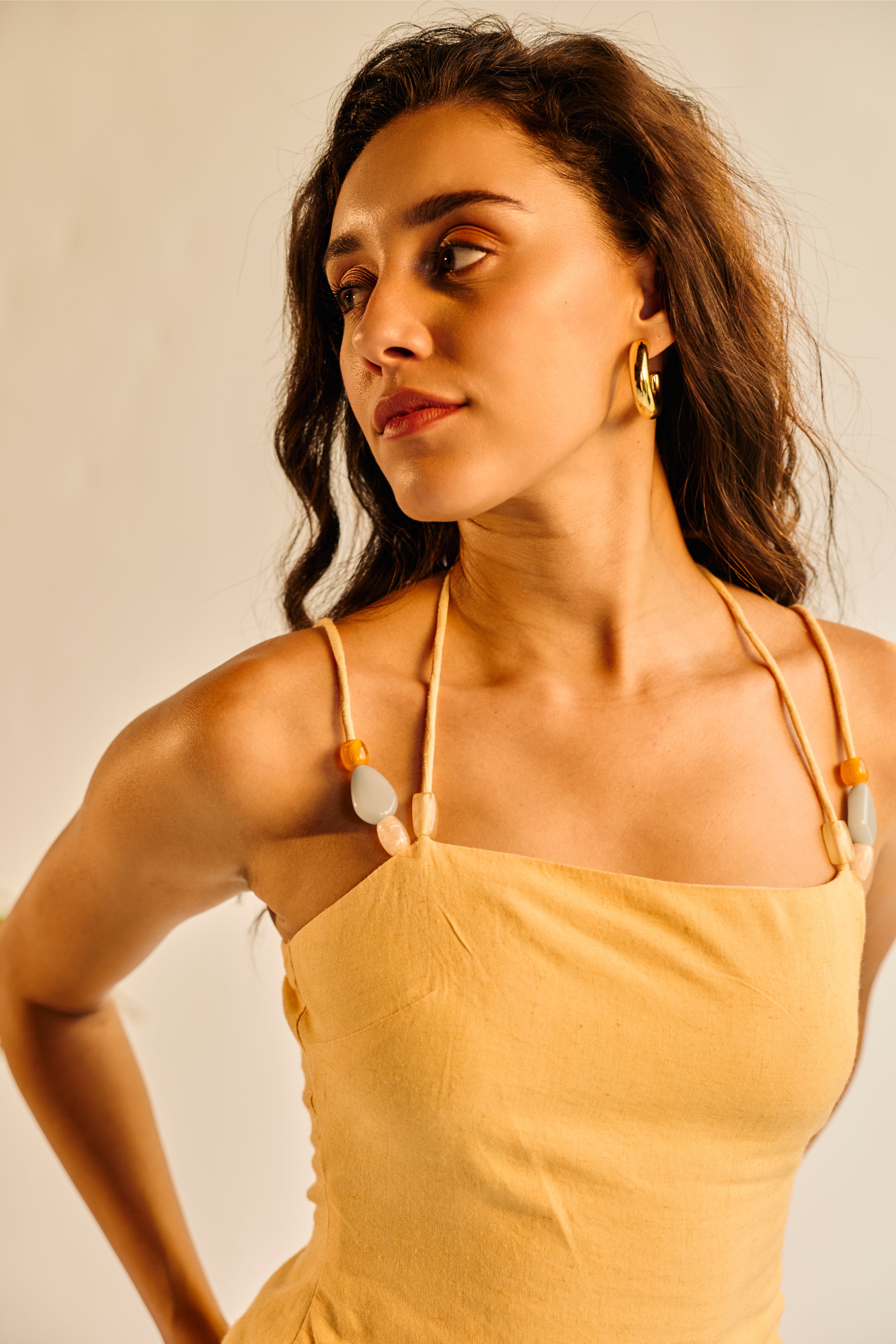 Mango Yellow Linen Beaded Top