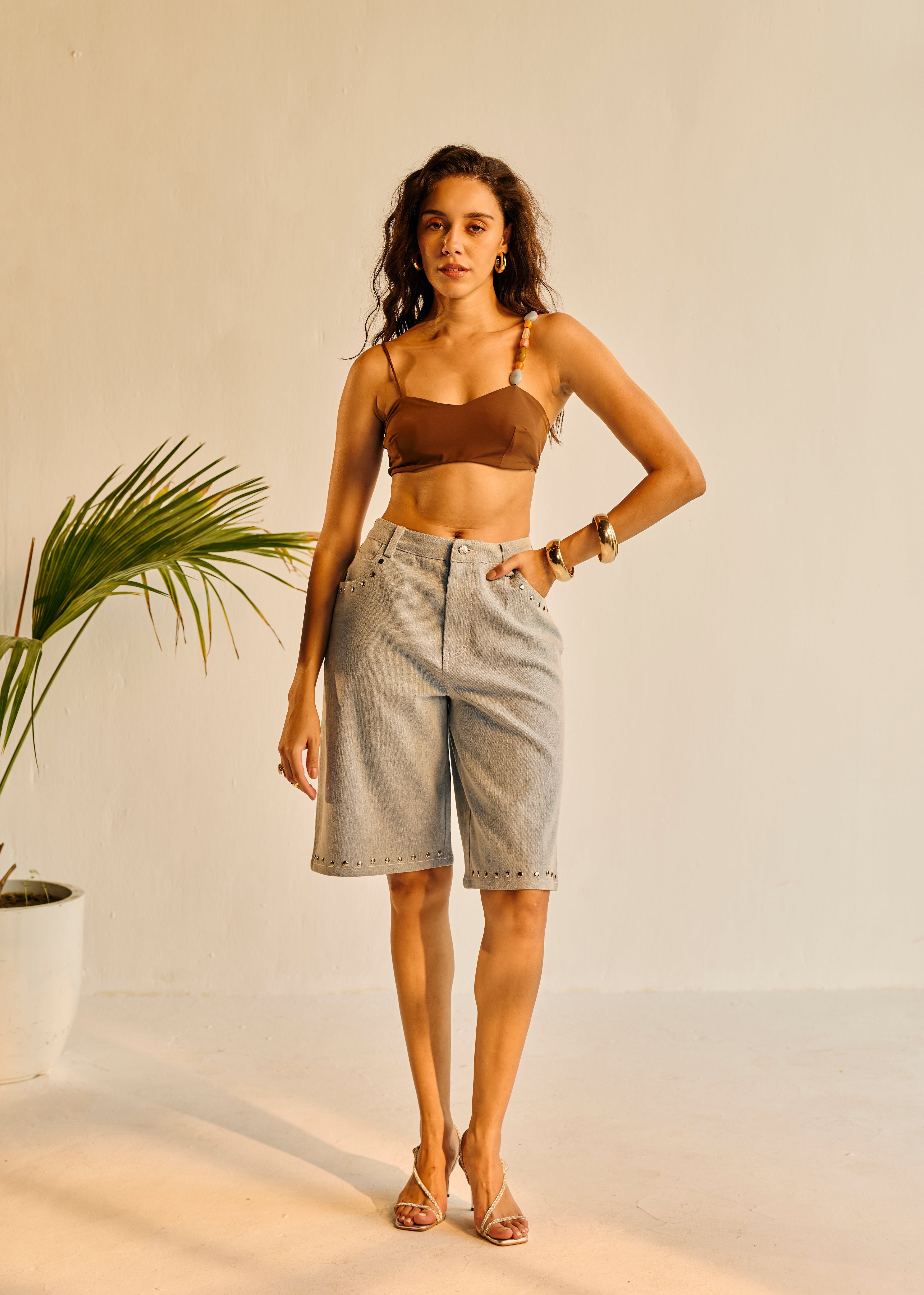 Allie Denim Rivet Embellished Bermuda Shorts