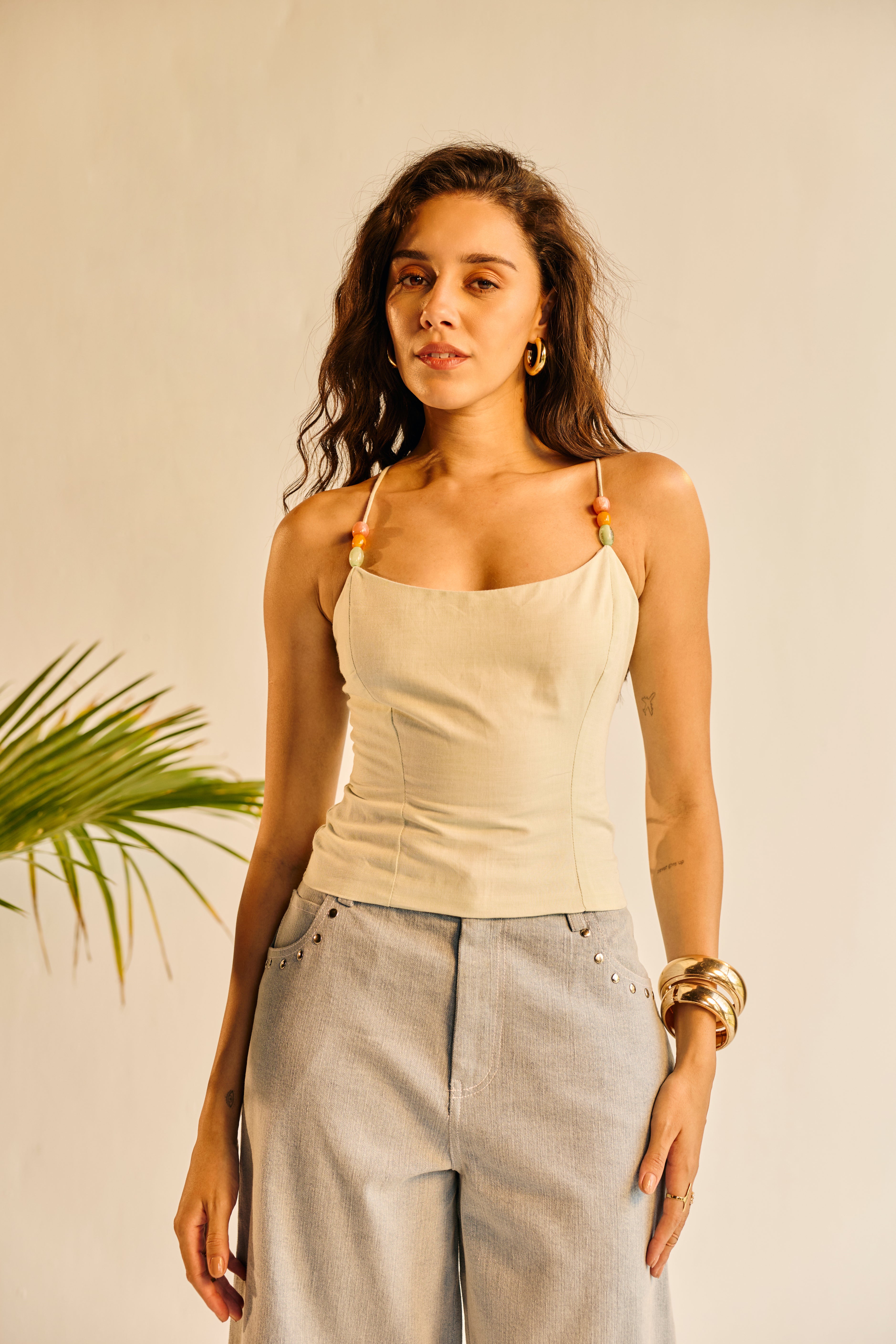 Sabrina Sage Green Linen Embellished Top