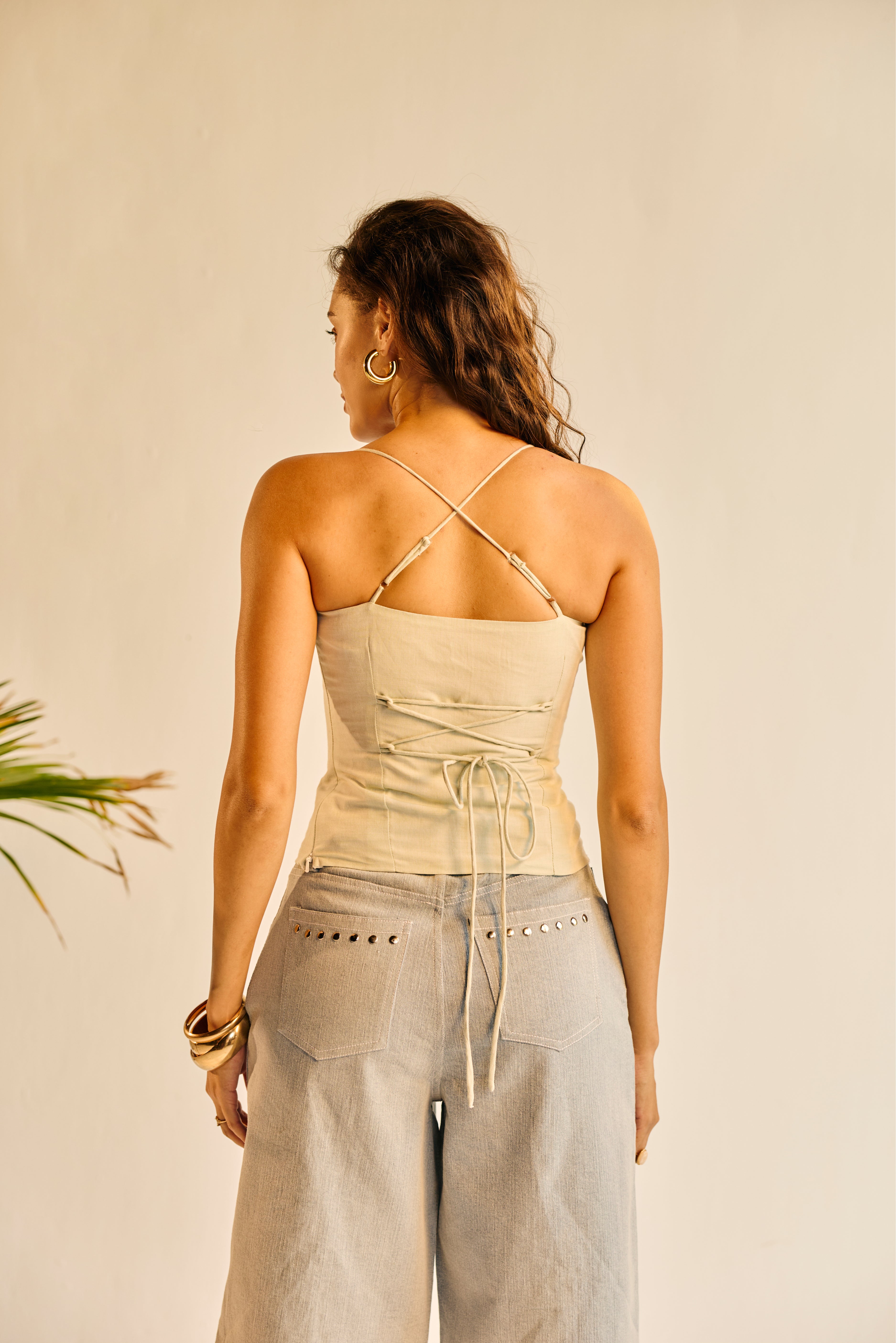 Sabrina Sage Green Linen Embellished Top