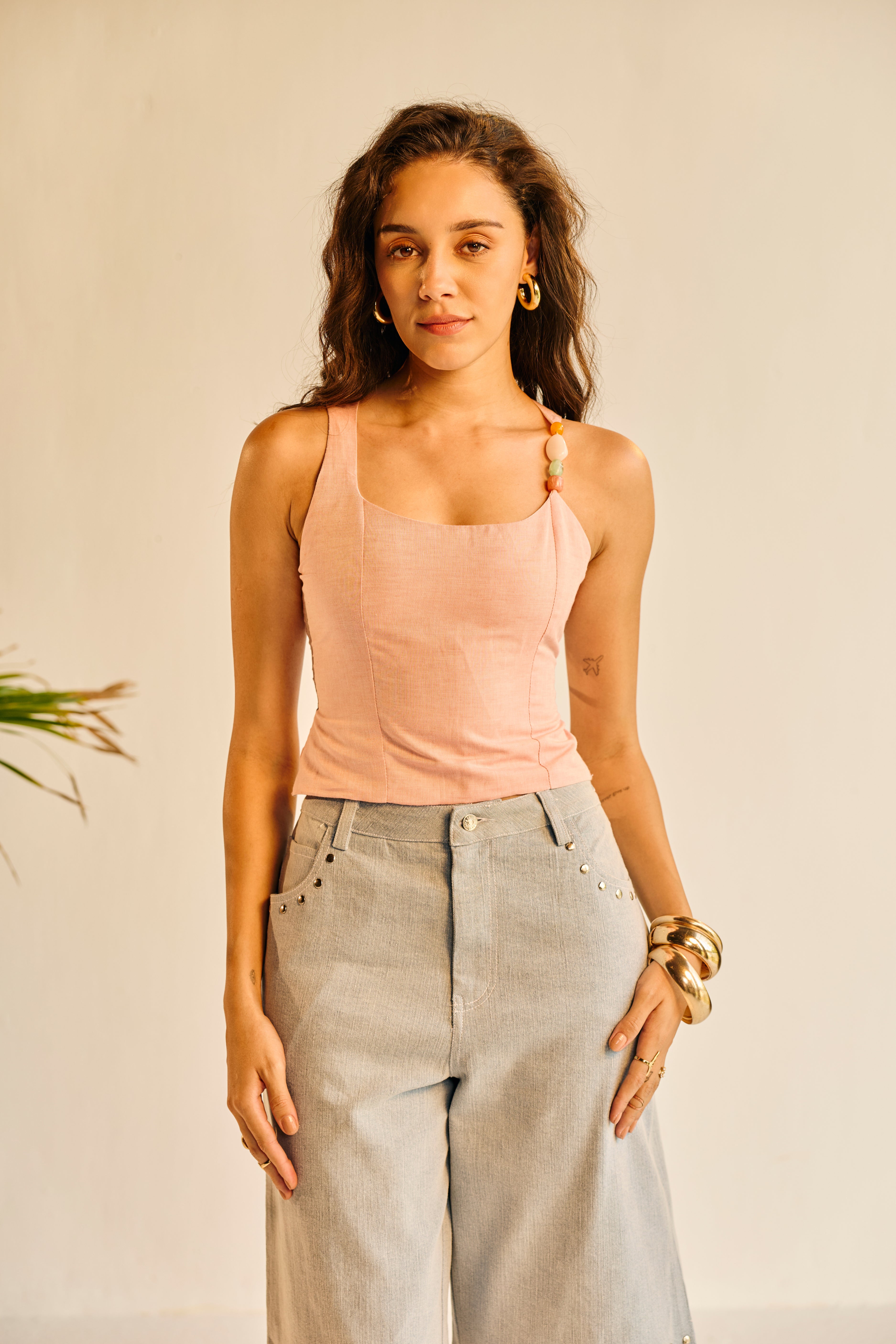 Aamras Pink One Shoulder Embellished Top