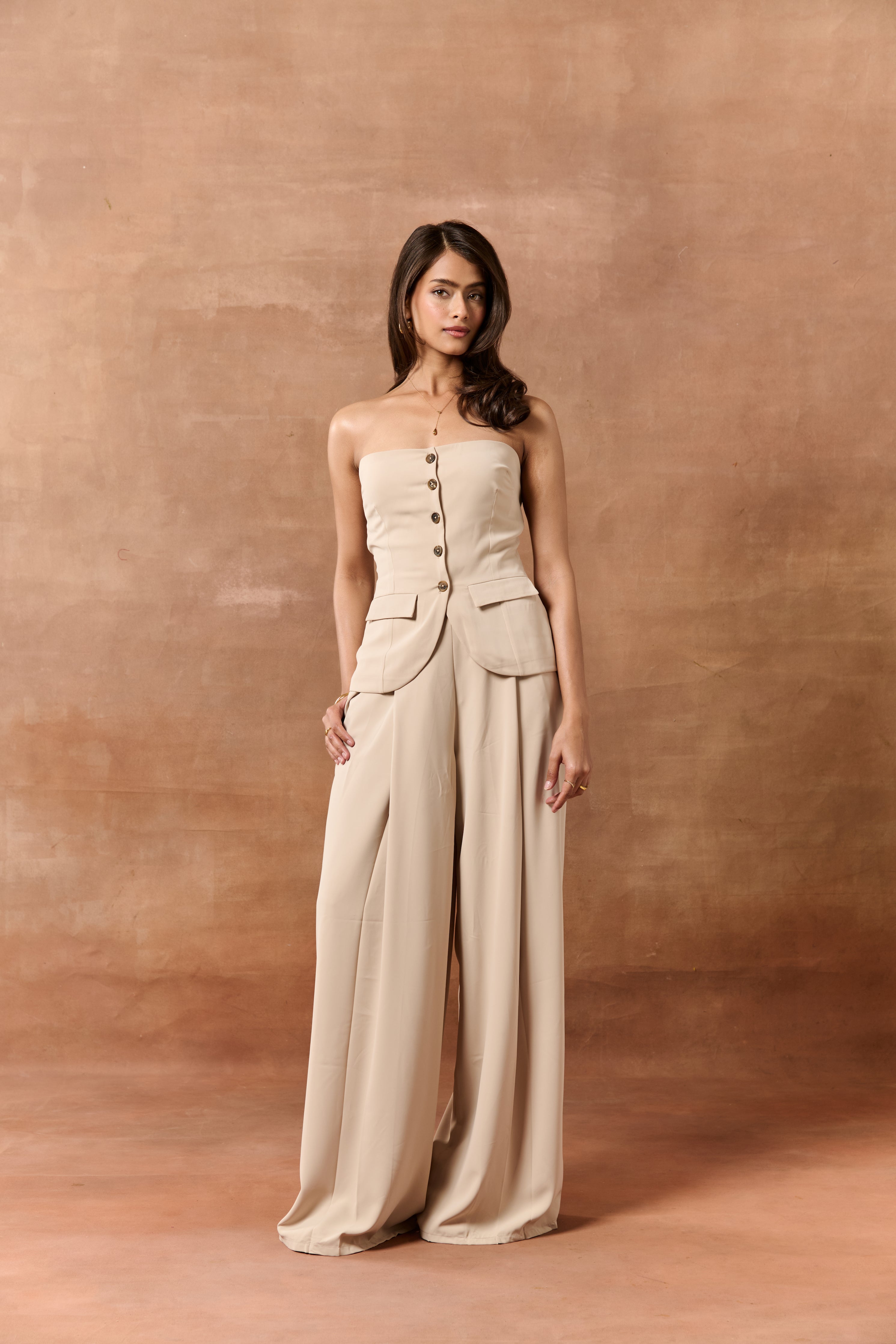 Elvita Beige High-Waisted Pants