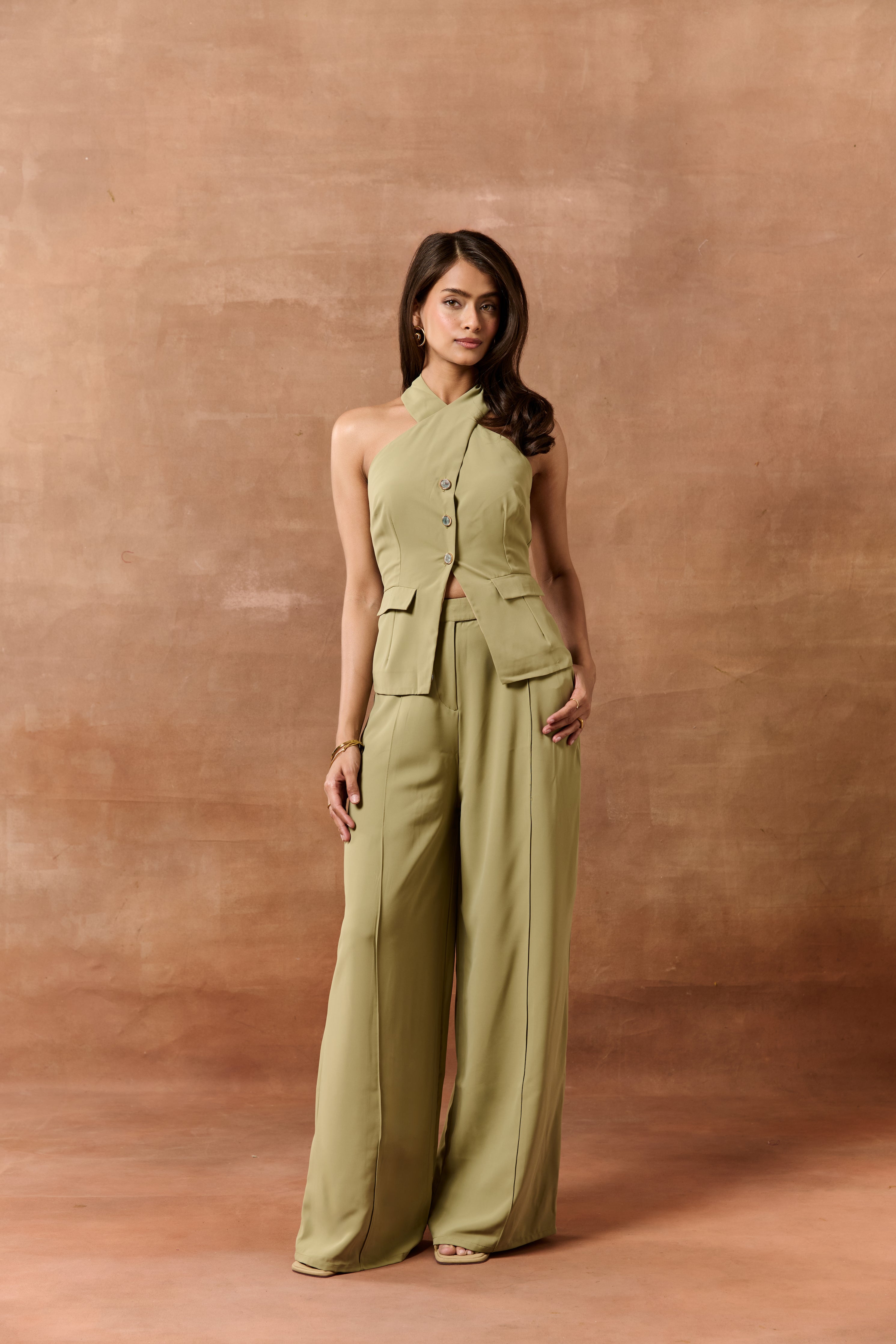 Kathe Sage Green Halter Neck Waistcoat