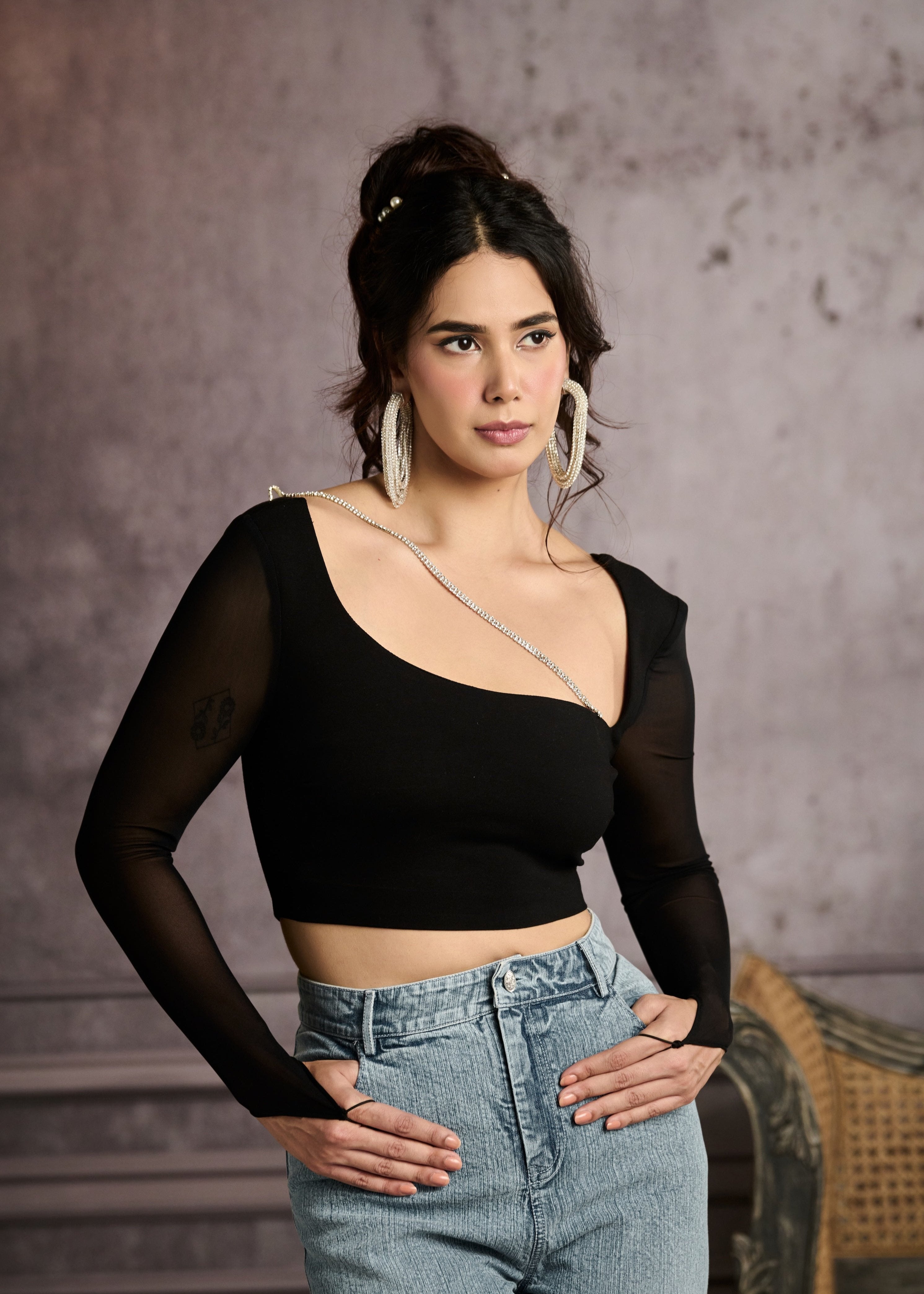 Maeve Black Crop Top with Rhinestones
