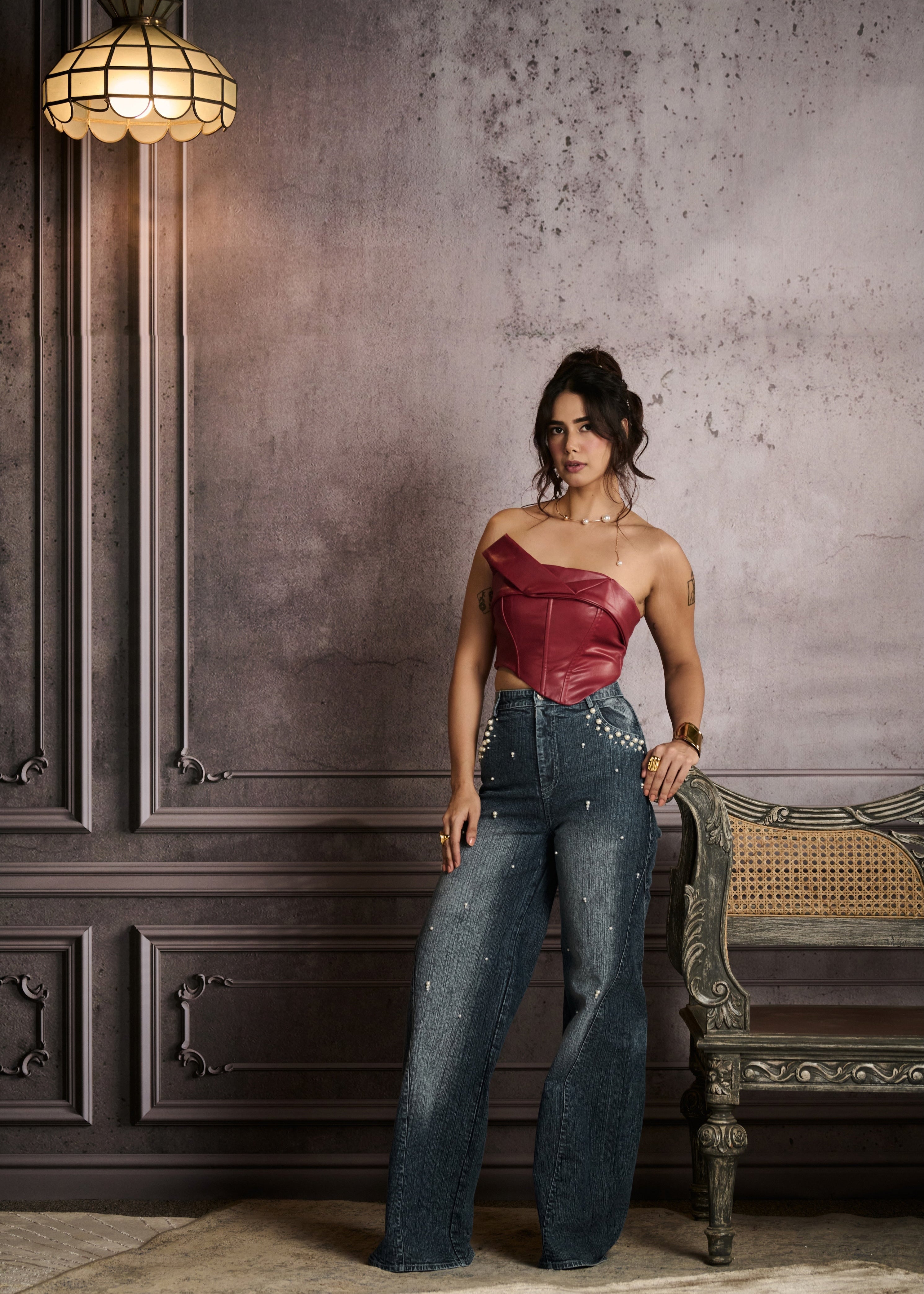 Megan Cherry Red Faux Leather Draped Corset Top