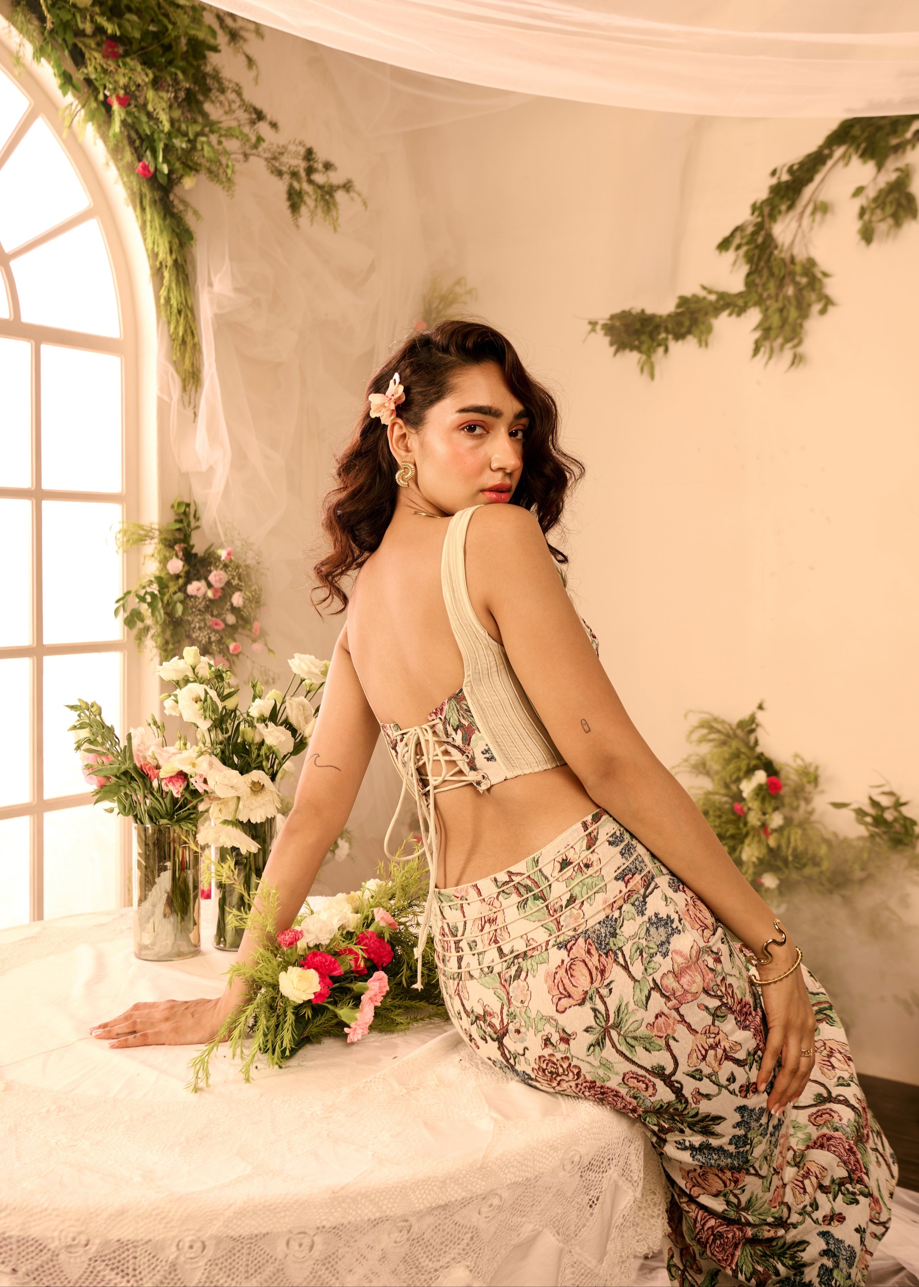 Mileva Floral Jacquard Corset Skirt Set with an elegant floral jacquard pattern, featuring a fitted corset top and a matching skirt for a refined, coordinated look