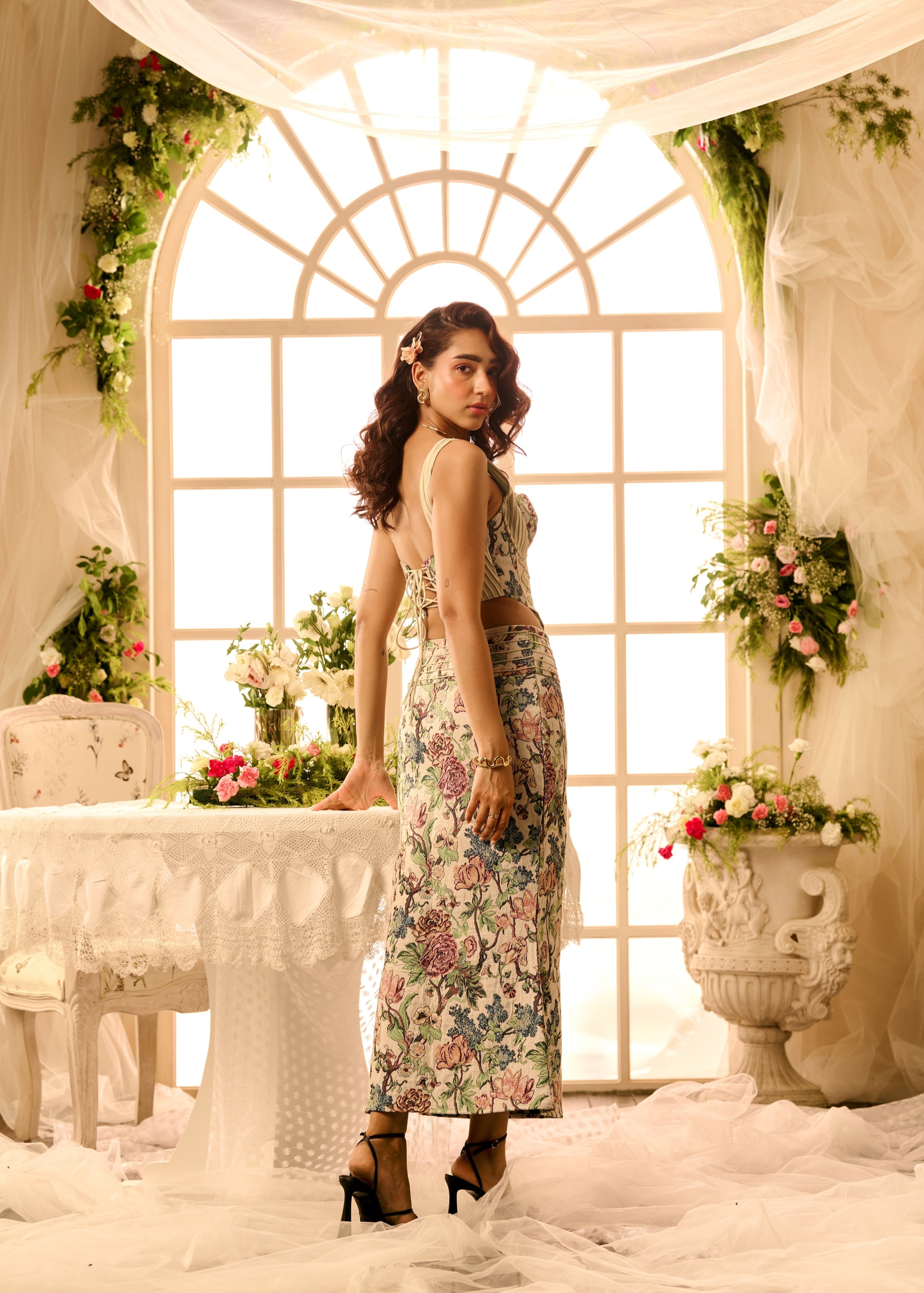 Mileva Floral Jacquard Corset Skirt Set with an elegant floral jacquard pattern, featuring a fitted corset top and a matching skirt for a refined, coordinated look