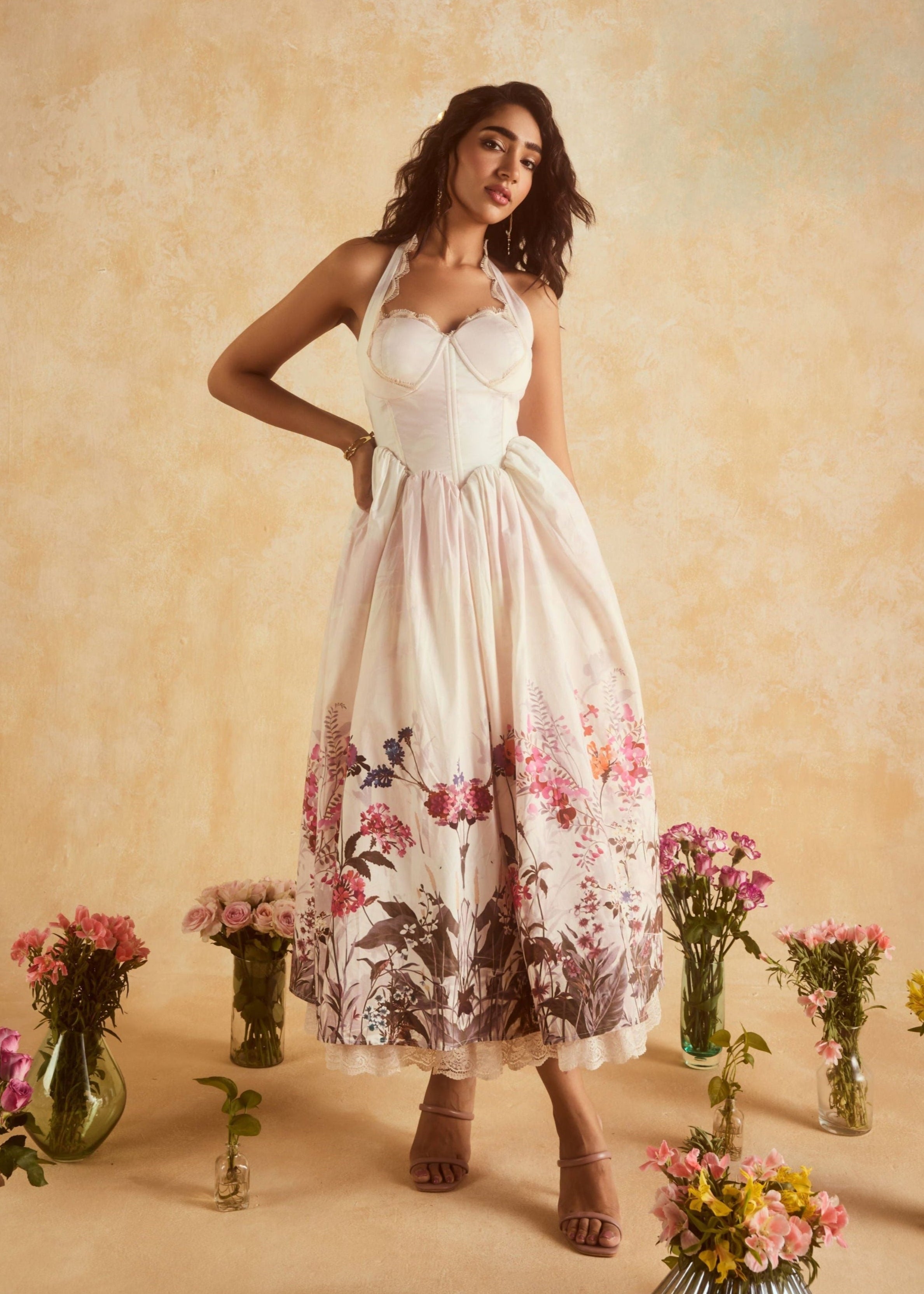 Oaklynn White Floral Corset Halter Midi Dress – Lea Clothing Co