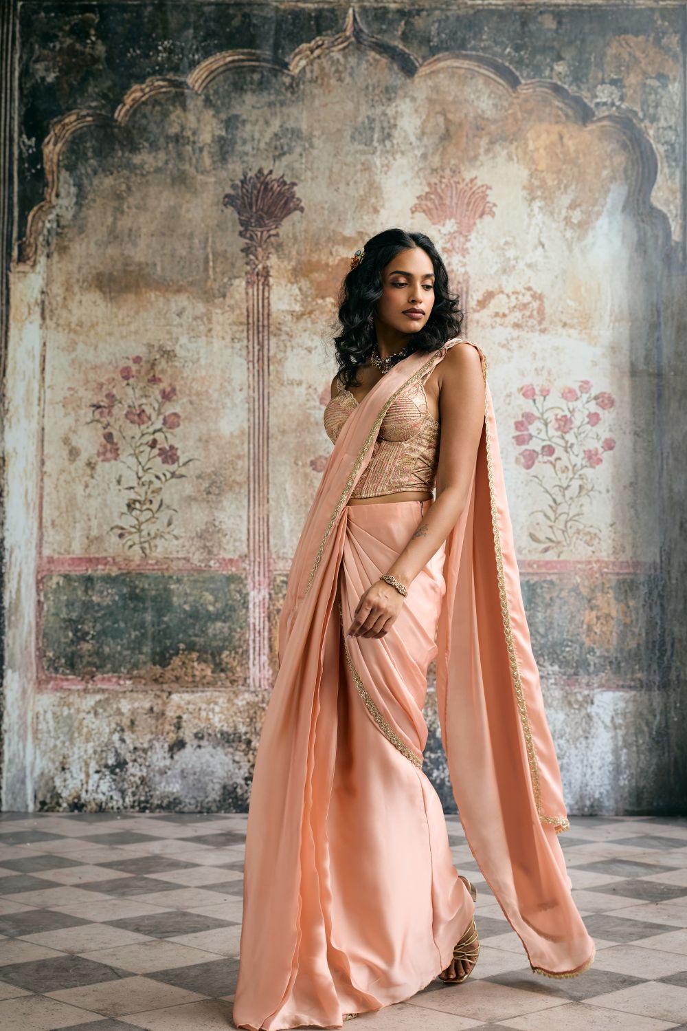Lehar Peach Satin Georgette and Banarasi Brocade Corset Saree Set